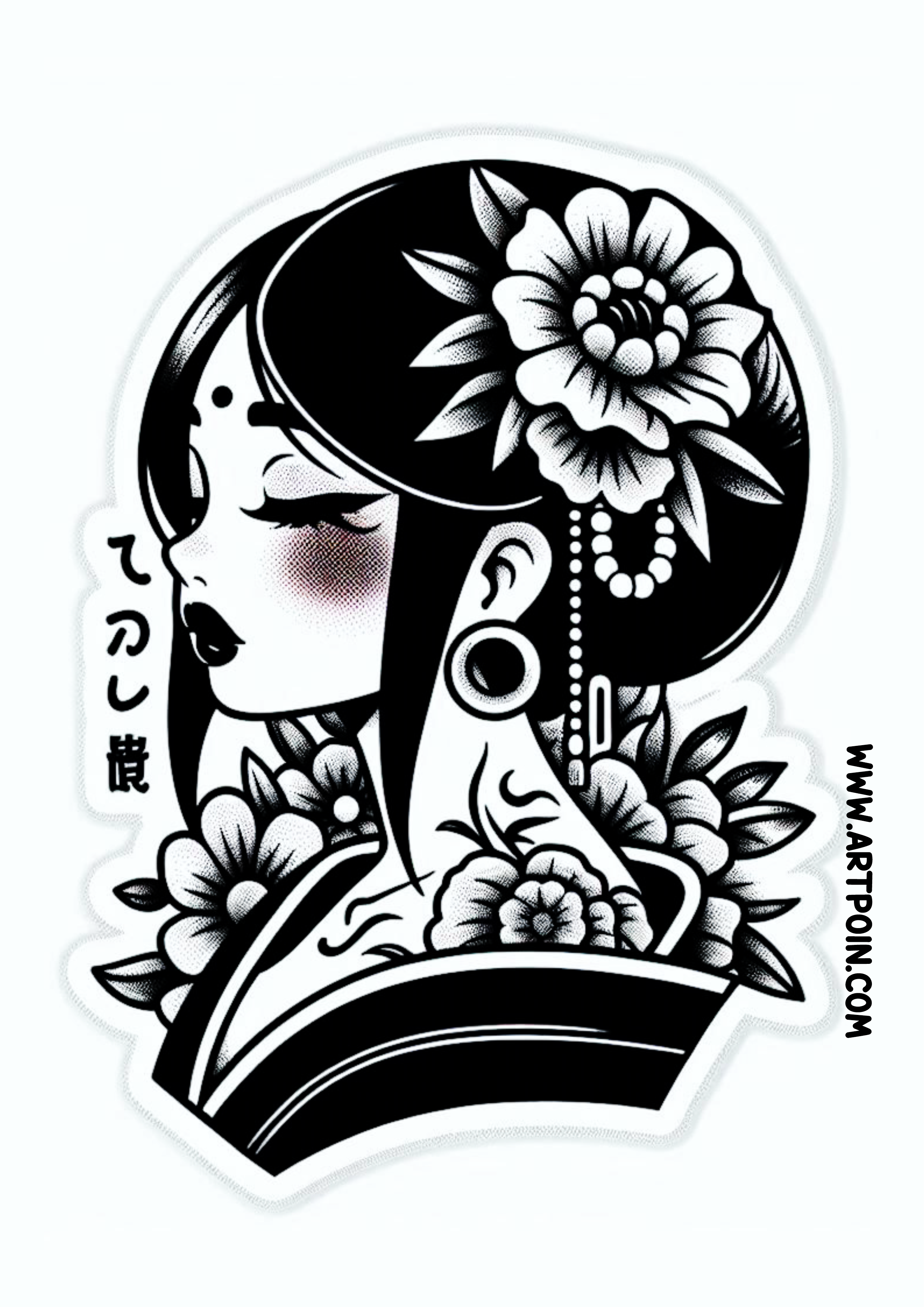 Gueixa desenho para tatuagem feminina arte conceitual cultura japonesa flores monocromático png