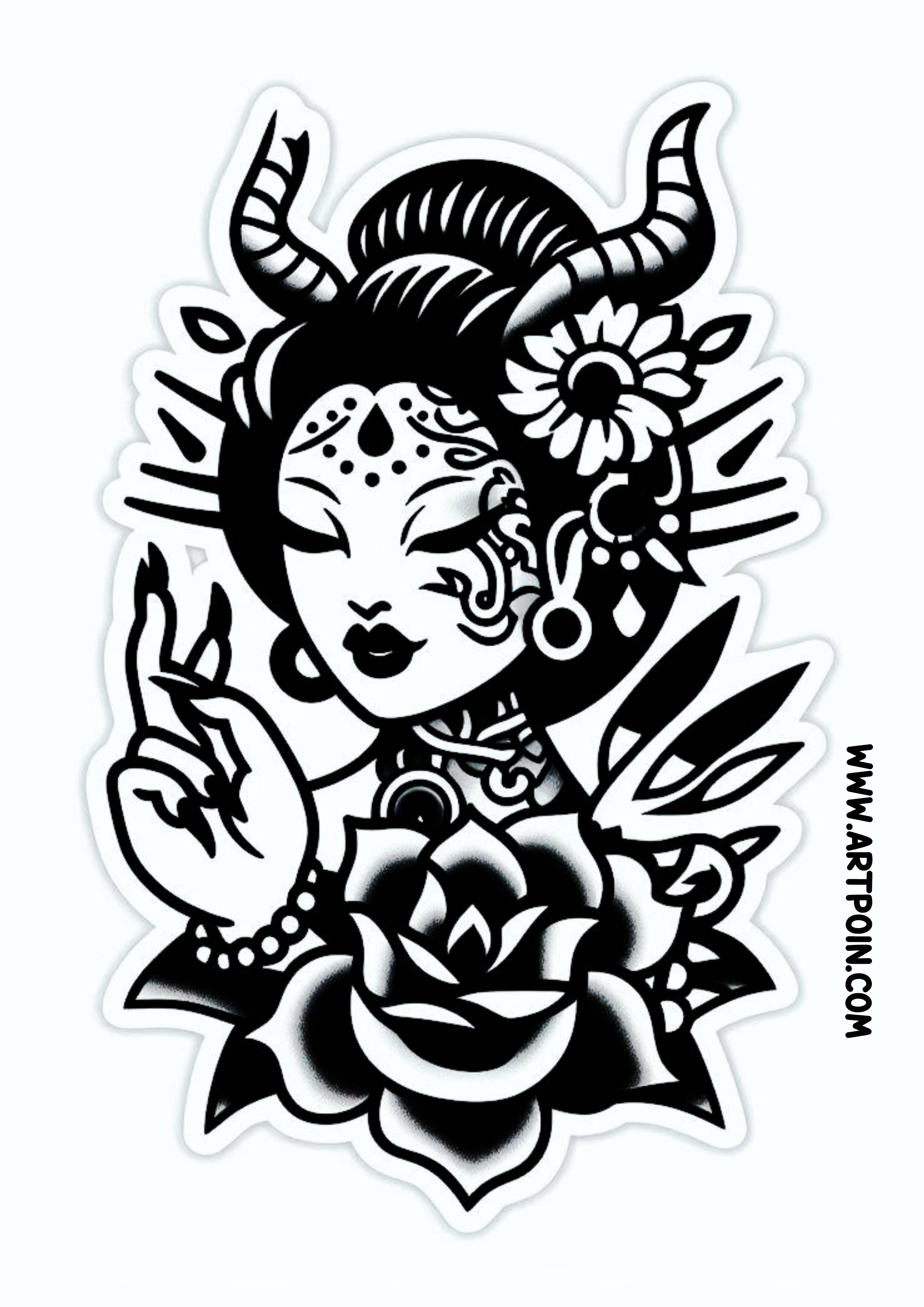 Gueixa desenho para tatuagem feminina arte conceitual cultura japonesa flores monocromático chifre png