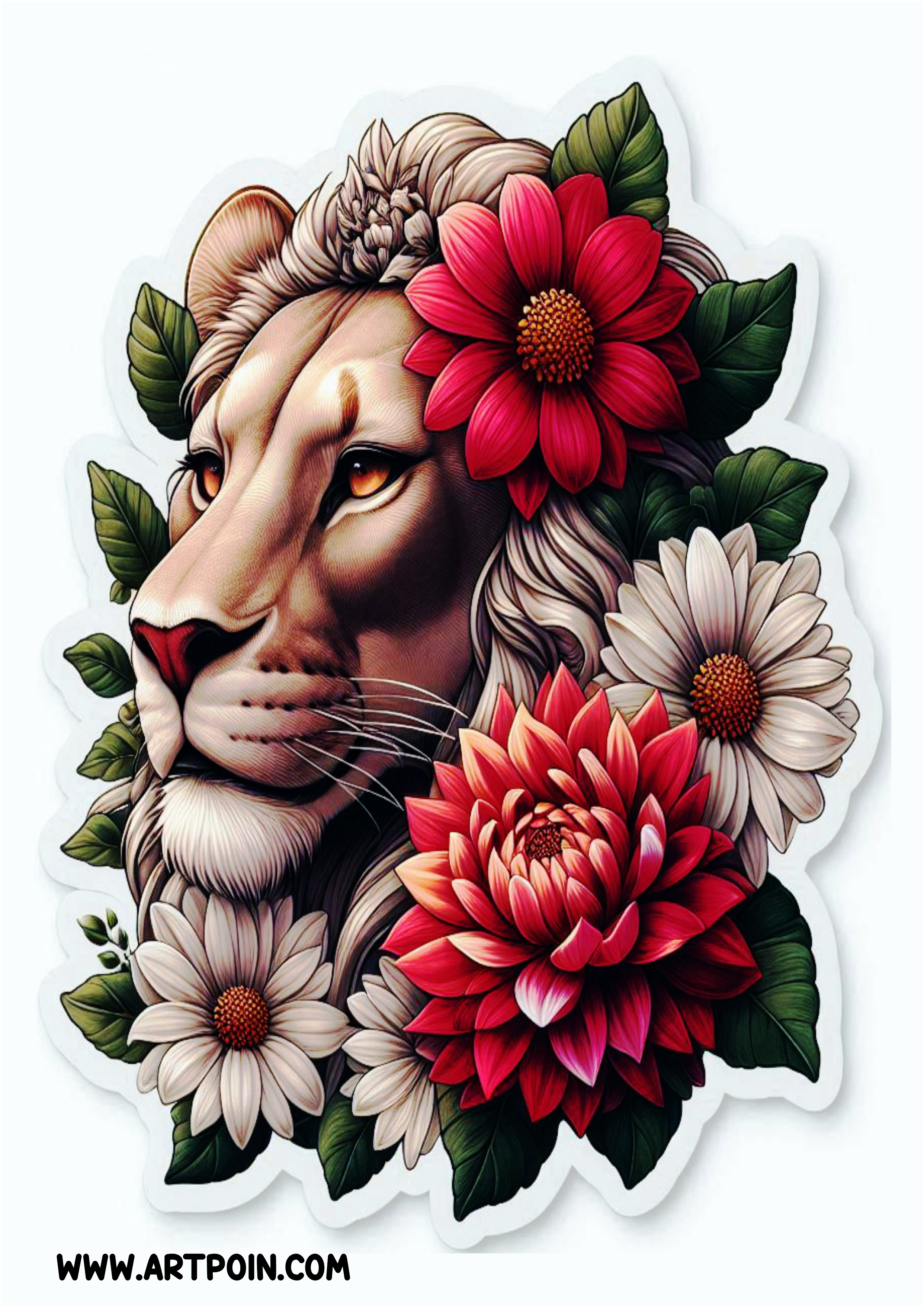 Ideia para tatuagem leão e flores colorido png