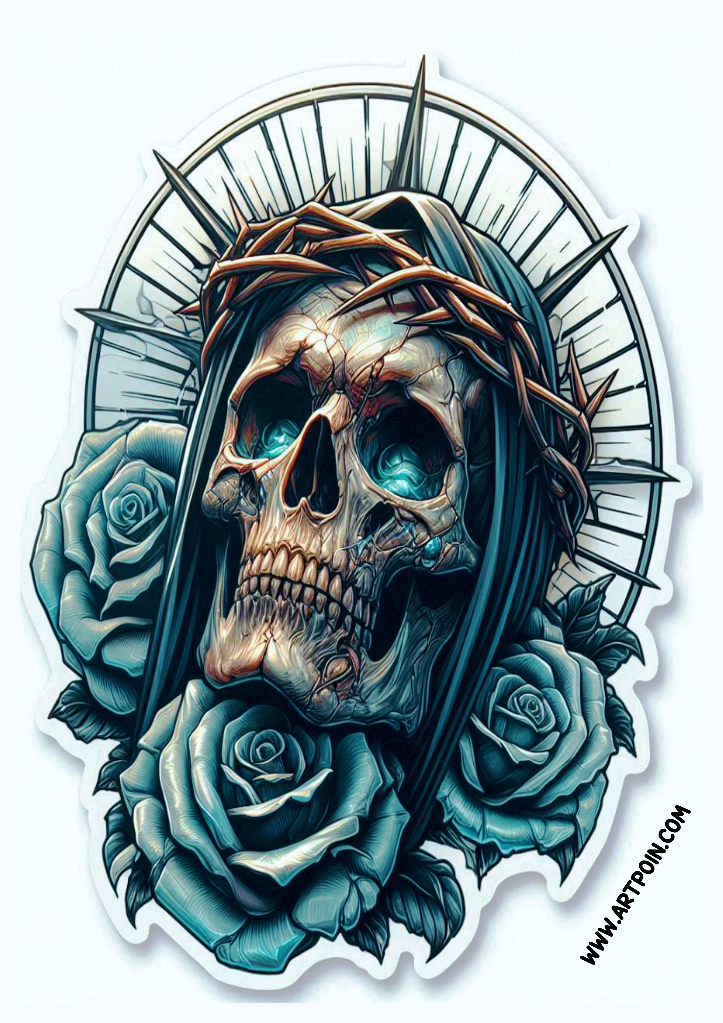 Ideia para tatuagem realista de caveira ceifeiro macabro assustador artes visuais flores skull coroa de espinhos png