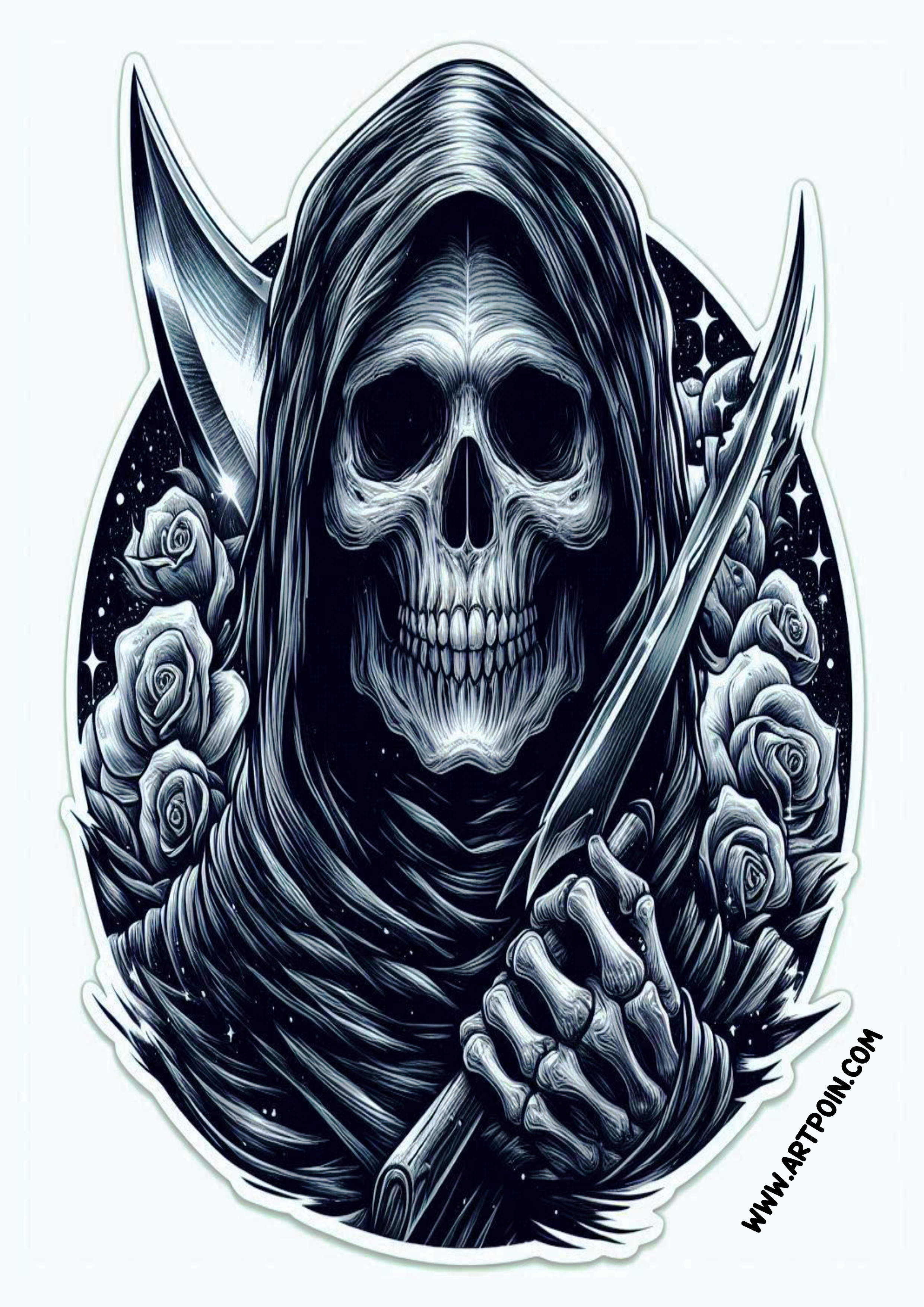 Ideia para tatuagem realista de caveira ceifeiro macabro assustador artes visuais flores skull foice png