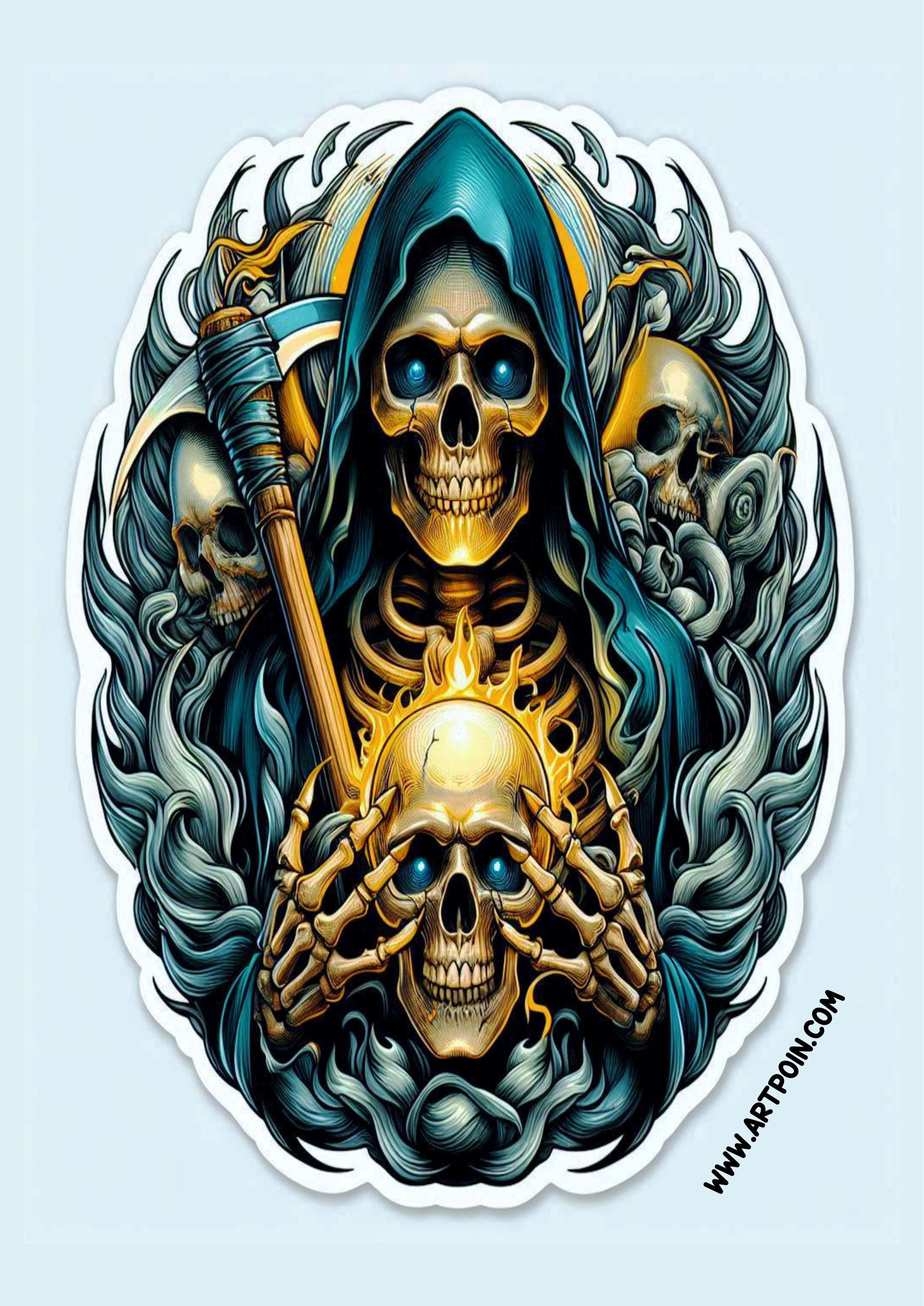 Ideia para tatuagem realista de caveira ceifeiro macabro assustador artes visuais flores skull foice terror png