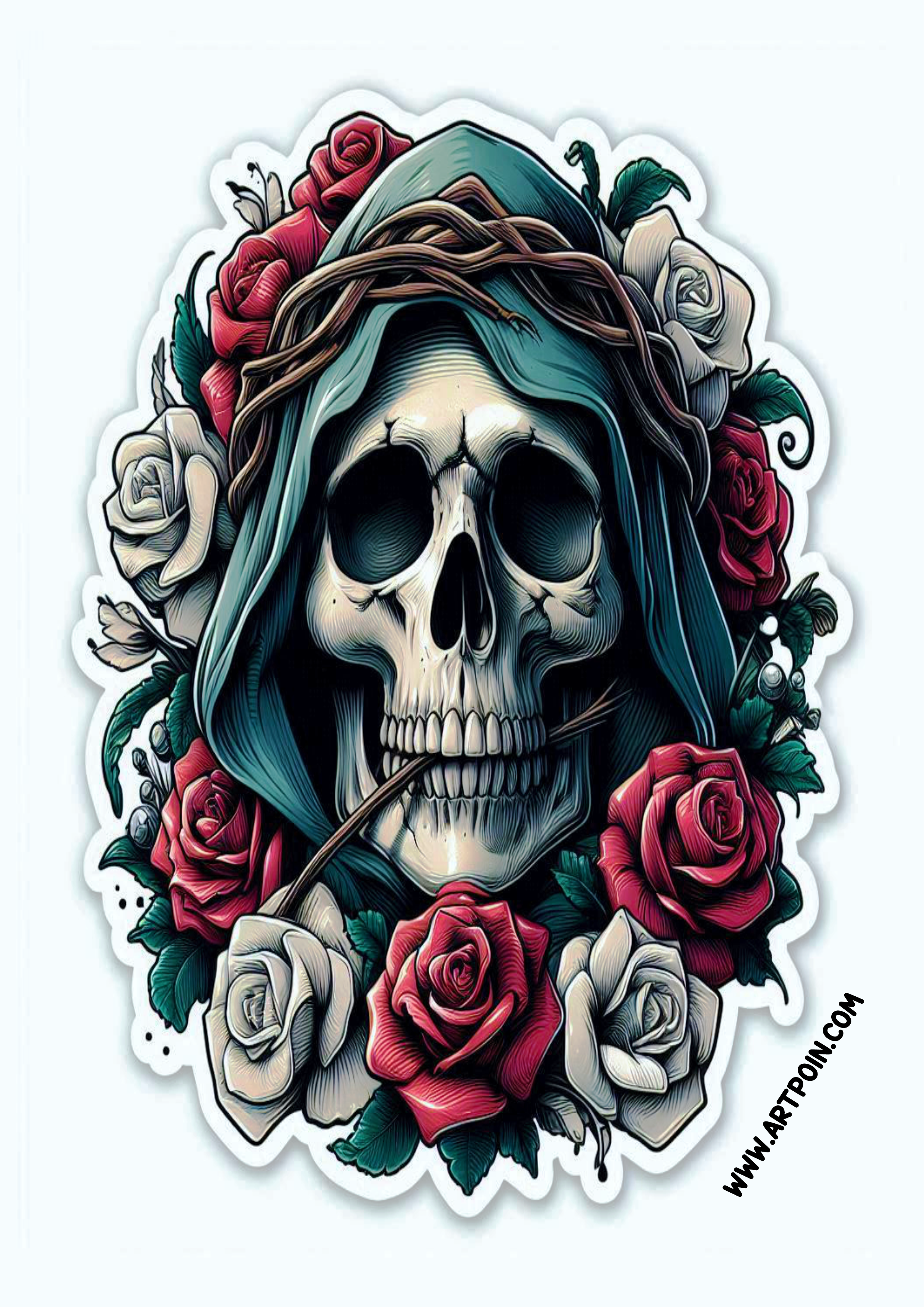 Ideia para tatuagem realista de caveira ceifeiro macabro assustador artes visuais flores skull png