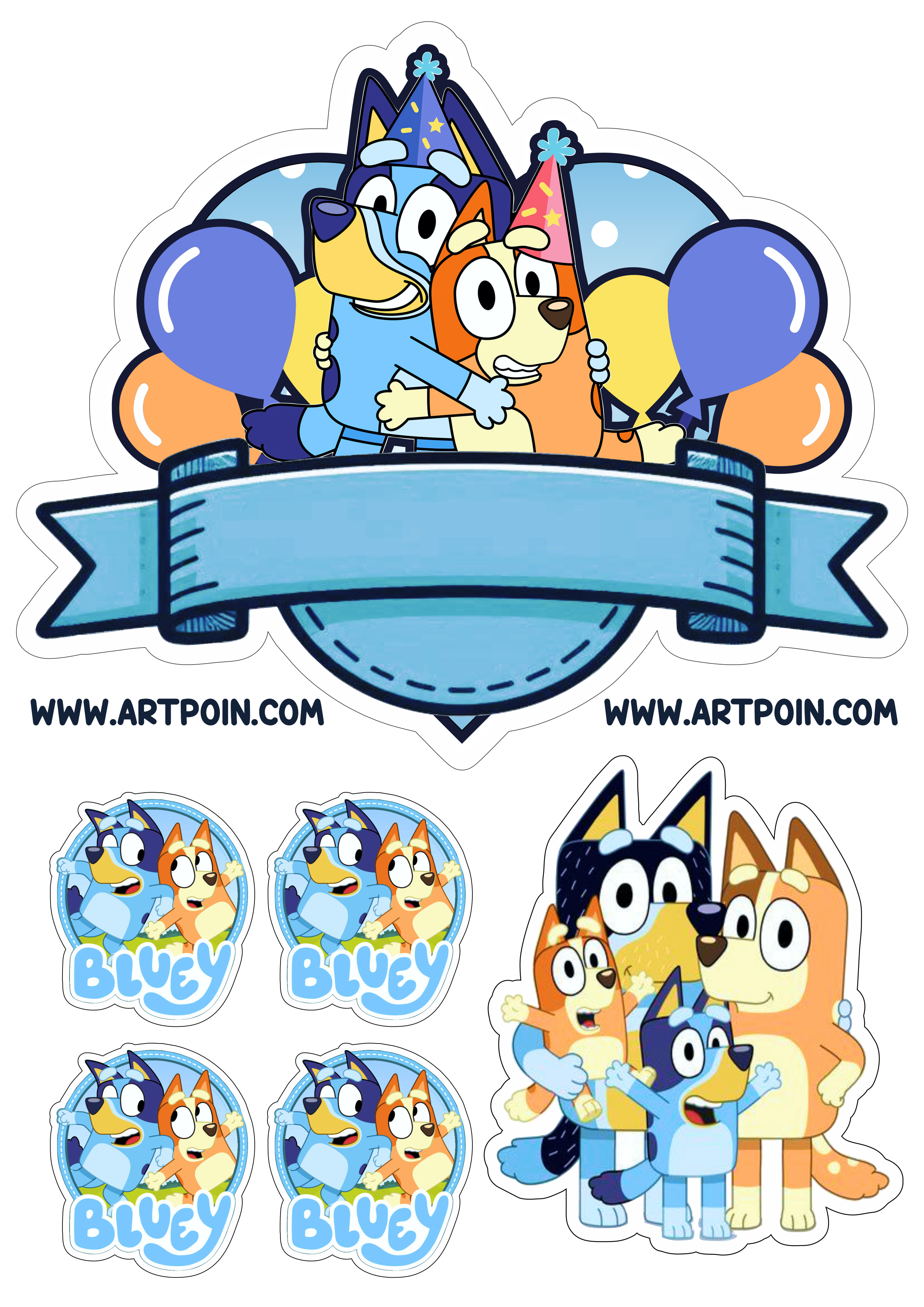 Topo de bolo png Bluey e sua turma cachorrinho Disney topper cake desenho infantil pronto para imprimir balões contorno