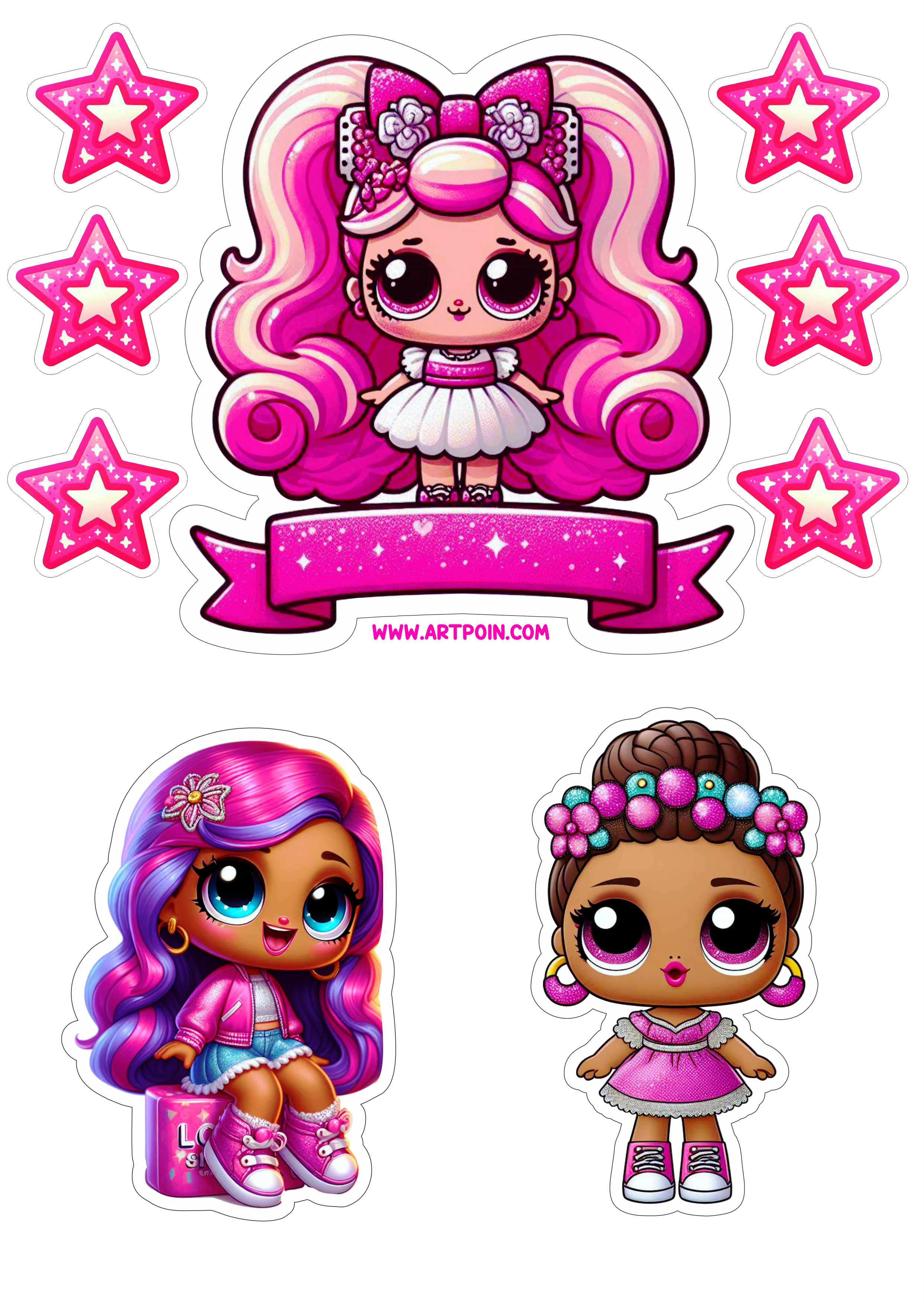 Topo de bolo png aniversário infantil topper cake LOL Surprise rosa brilhante com estrelinhas png