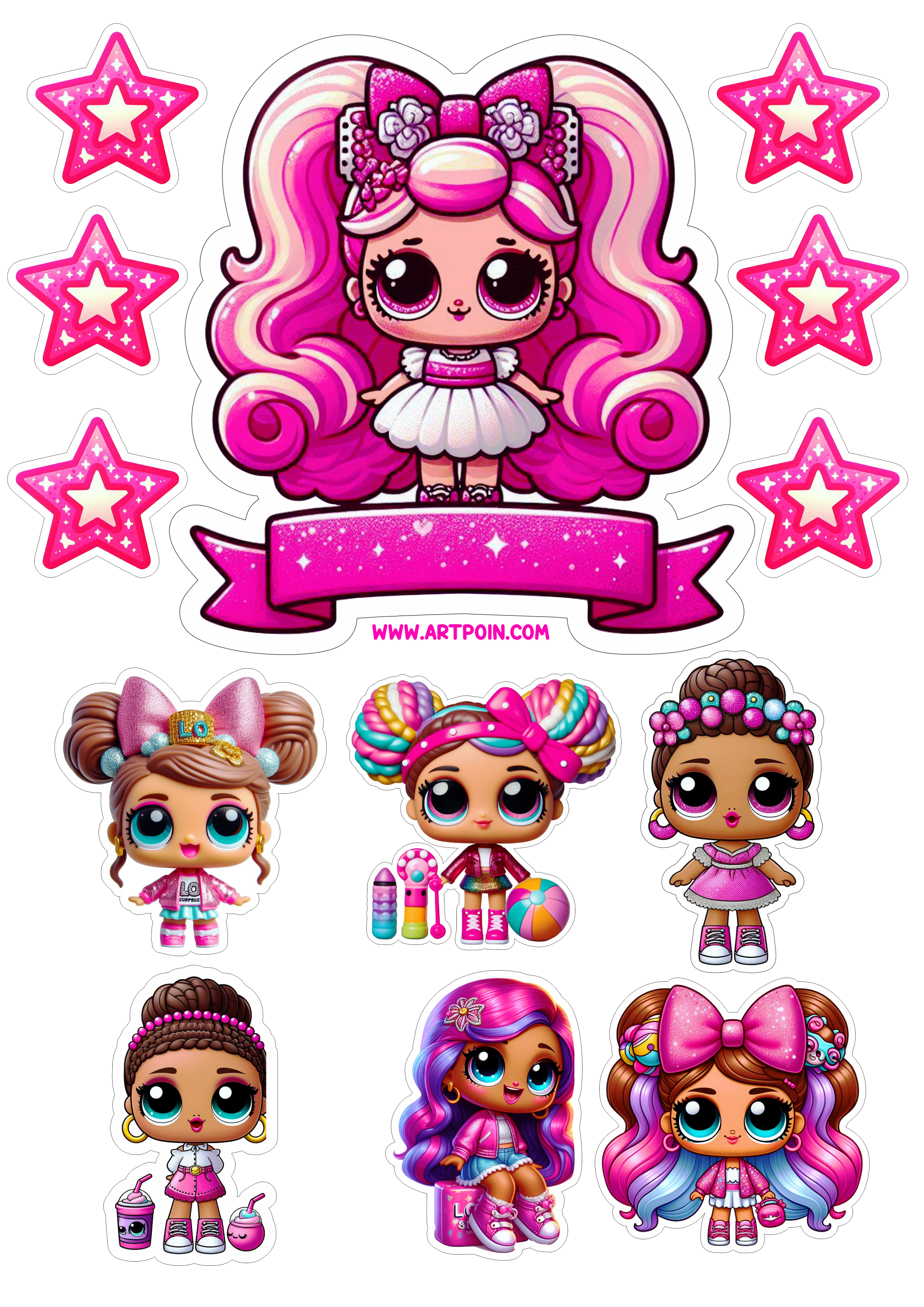 Topo de bolo png aniversário infantil topper cake LOL Surprise rosa brilhante com estrelinhas bonequinhas png