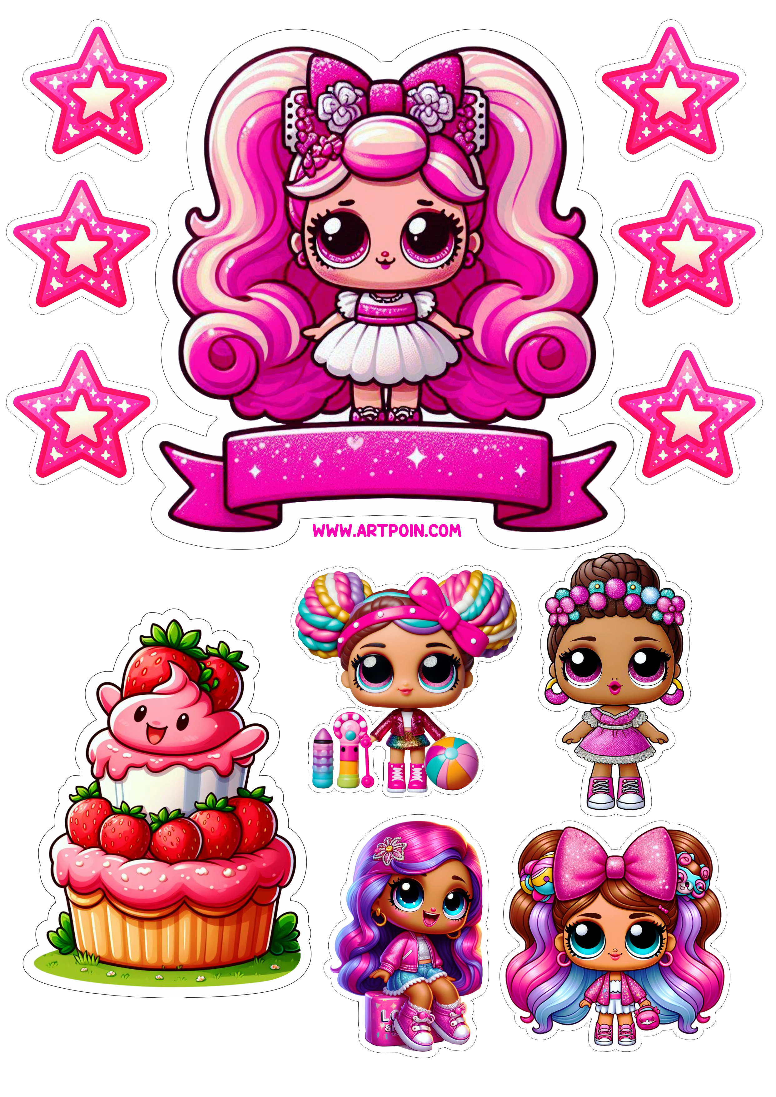 LOL Surprise topo de bolo bonequinha rosa aniversário bolinho e estrelinhas decoração para festas infantís png