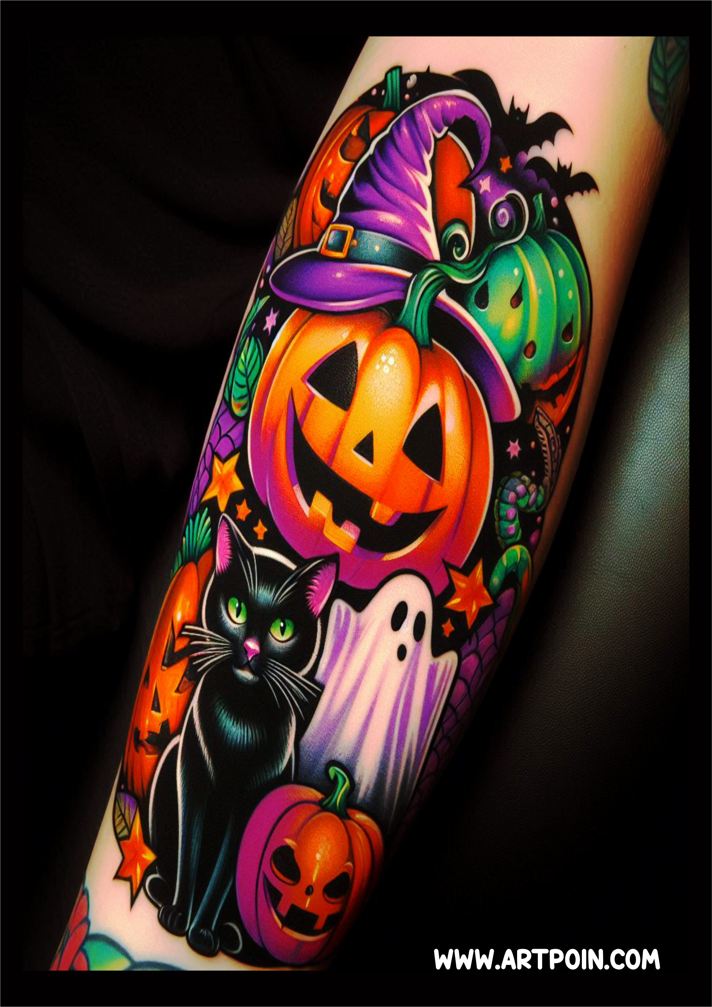 Halloween tatuagem colorida gato preto png