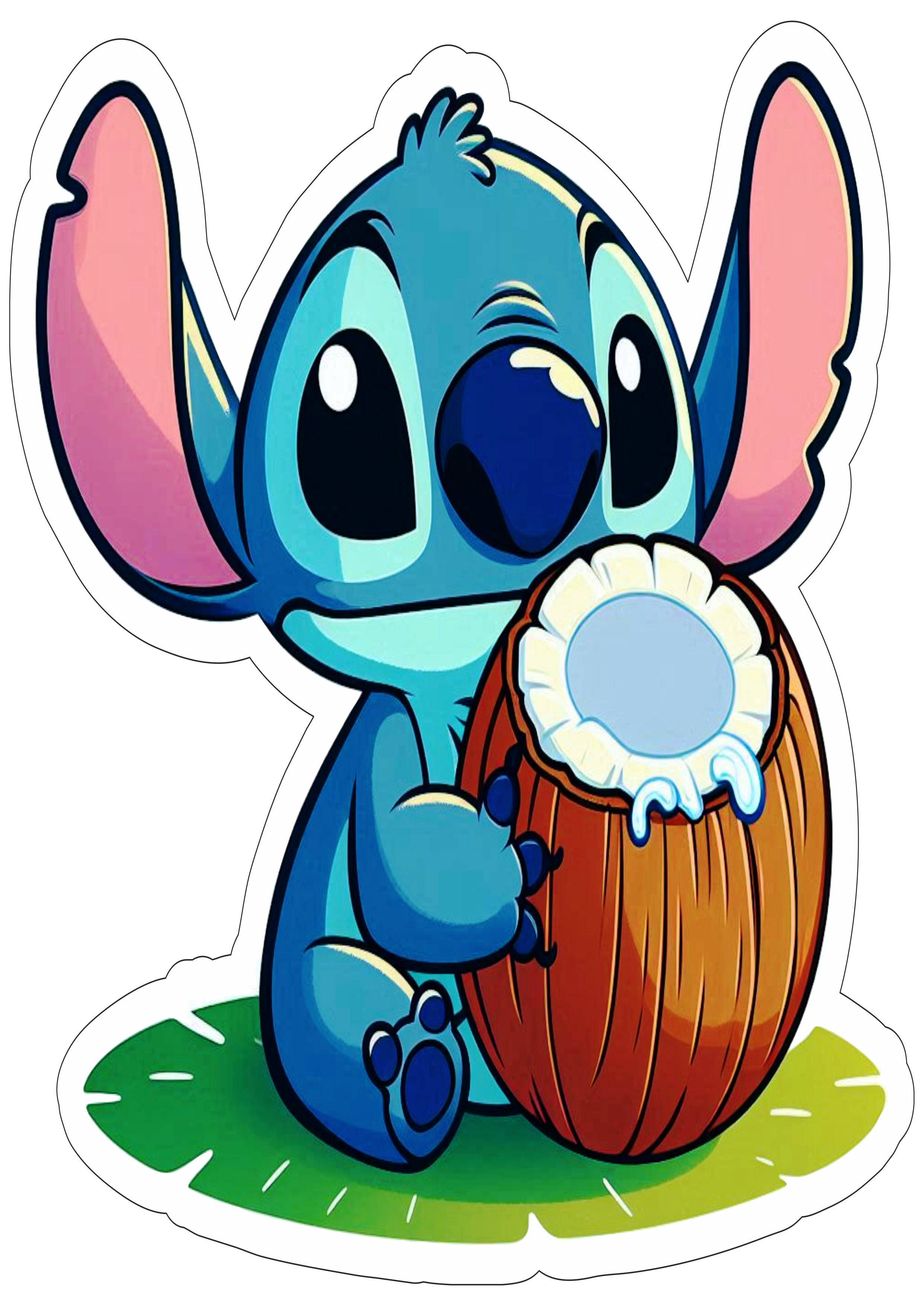 Desenho infantil Disney Lilo e Stitch monstrinho comendo coco imagem com contorno personagem png