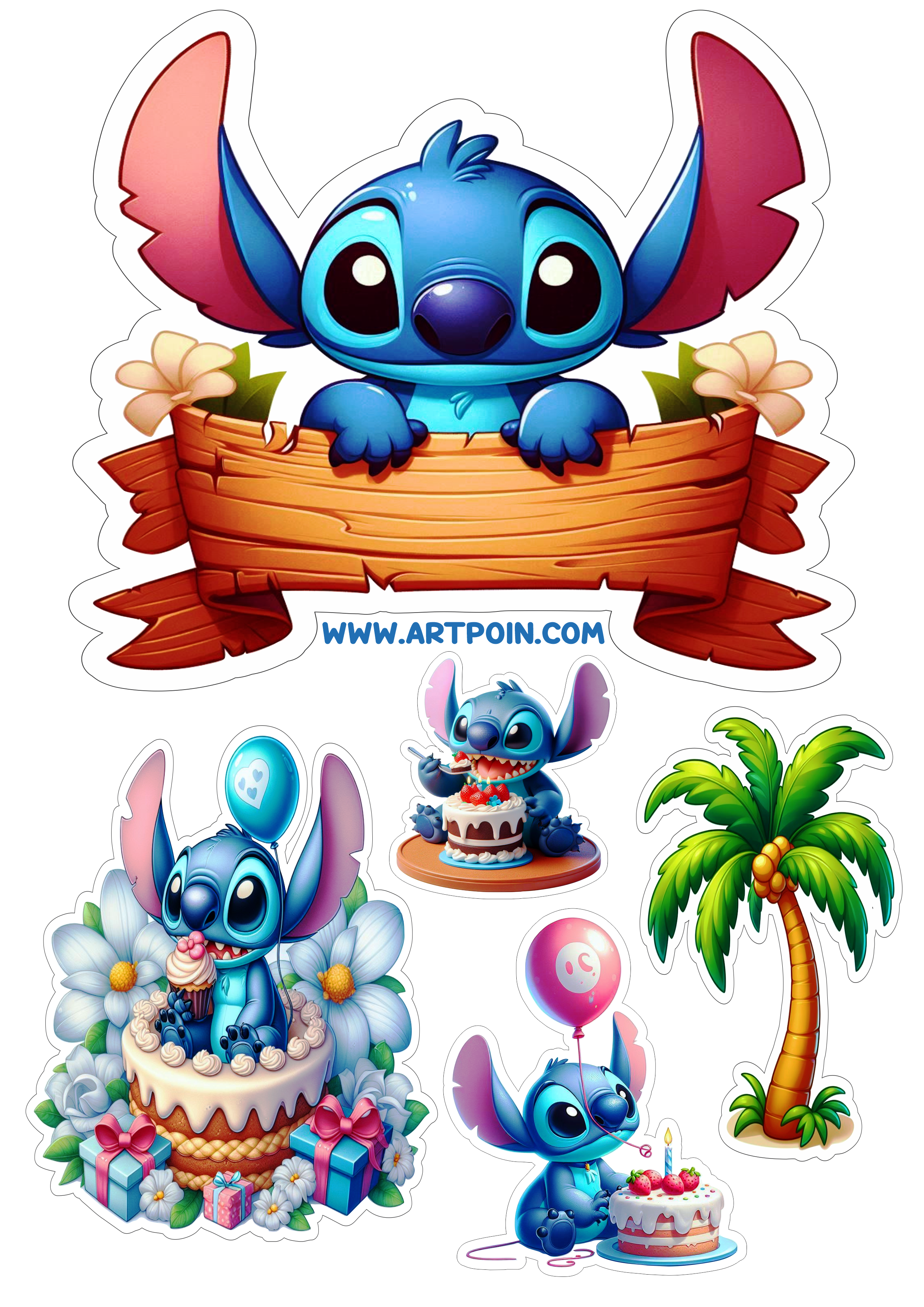 Topo de bolo Lilo e Stitch aniversário infantil decoração de festa personalizada pronto para imprimir png