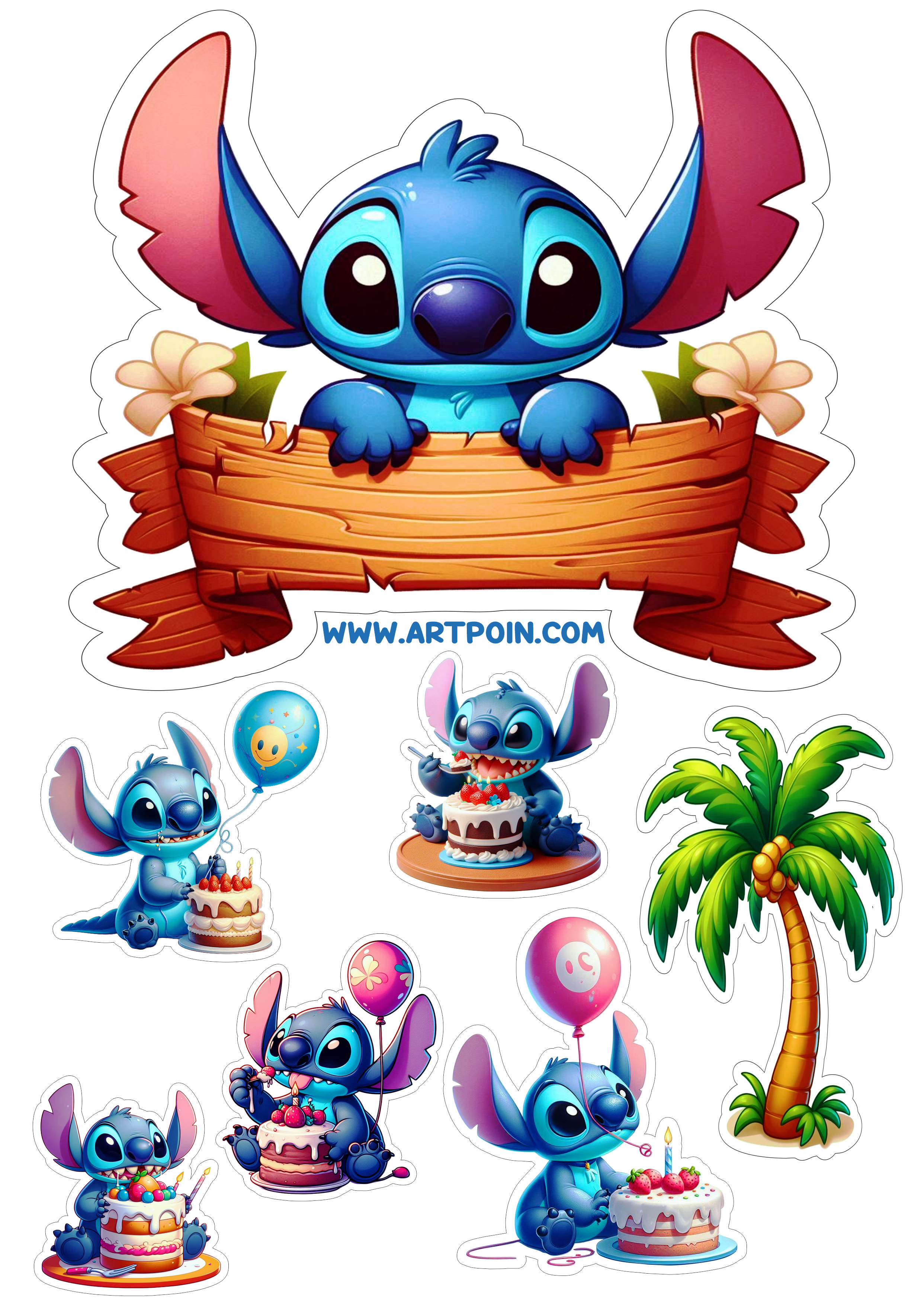 Topo de bolo Lilo e Stitch aniversário infantil decoração de festa personalizada pronto para imprimir topper cake png