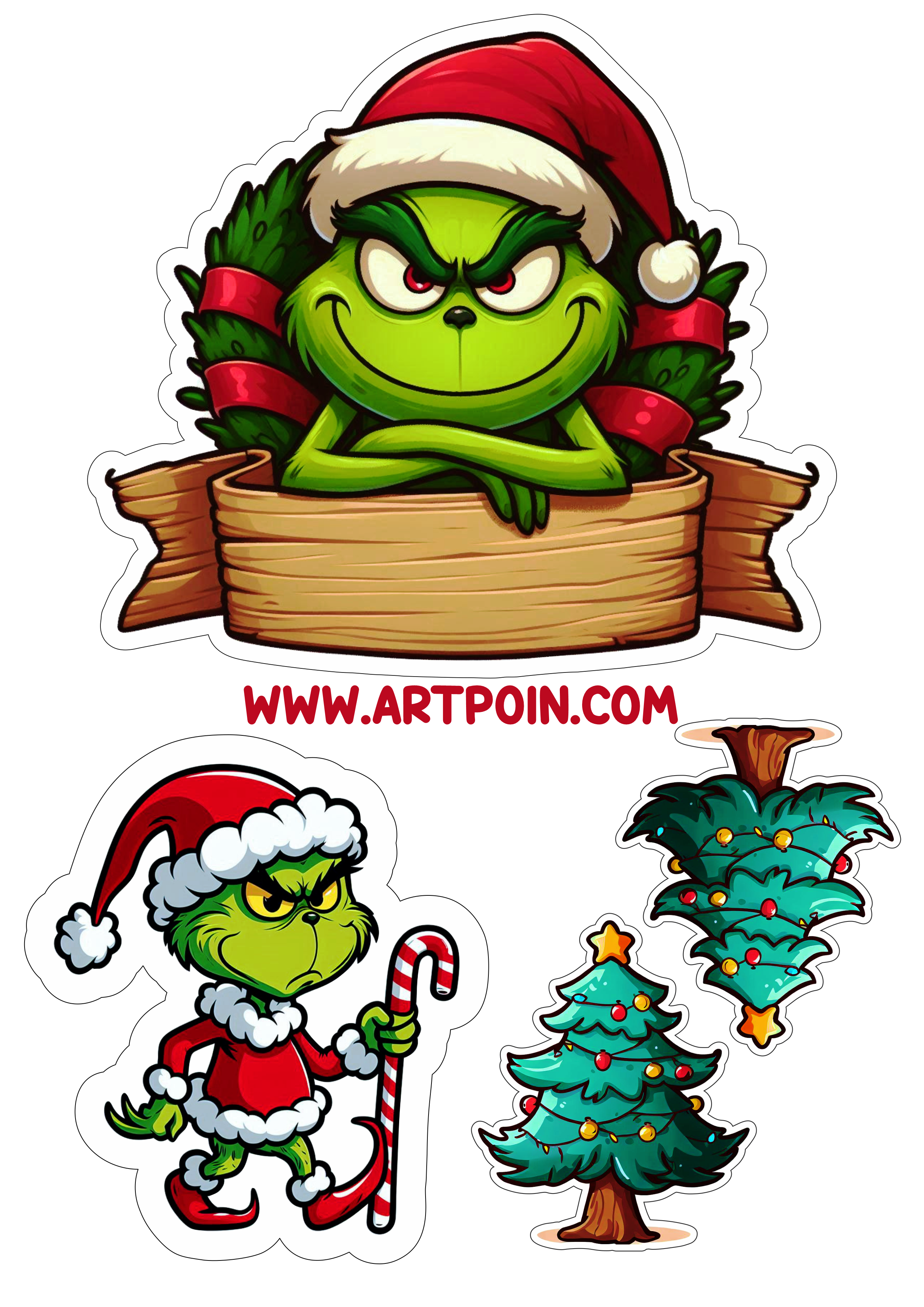 Topo de bolo topper cake decoração de natal Grinch com gorro do papai noel aniversário infantil para imprimir árvore free png