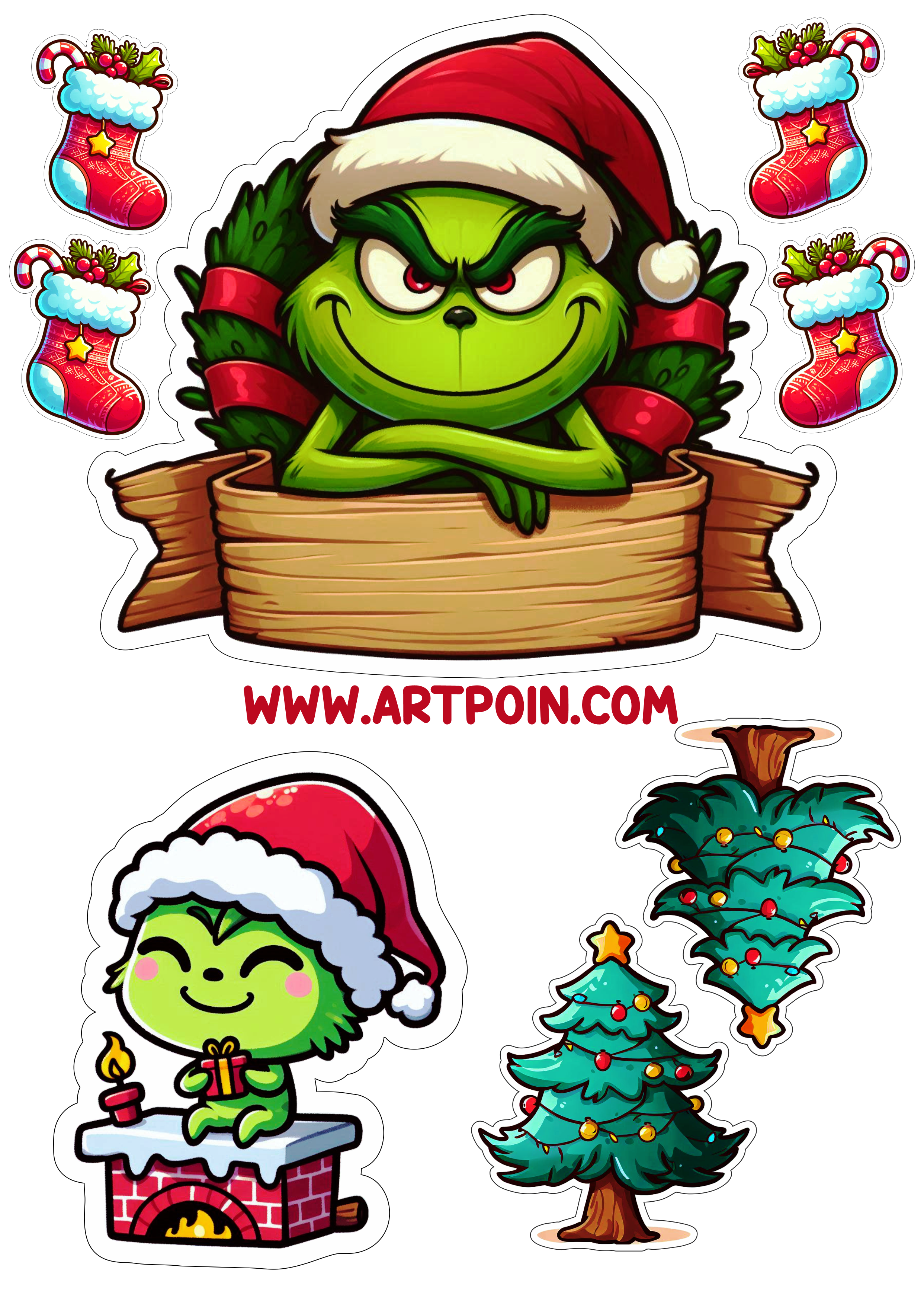 Topo de bolo topper cake decoração de natal Grinch com gorro do papai noel aniversário infantil para imprimir árvore free download png