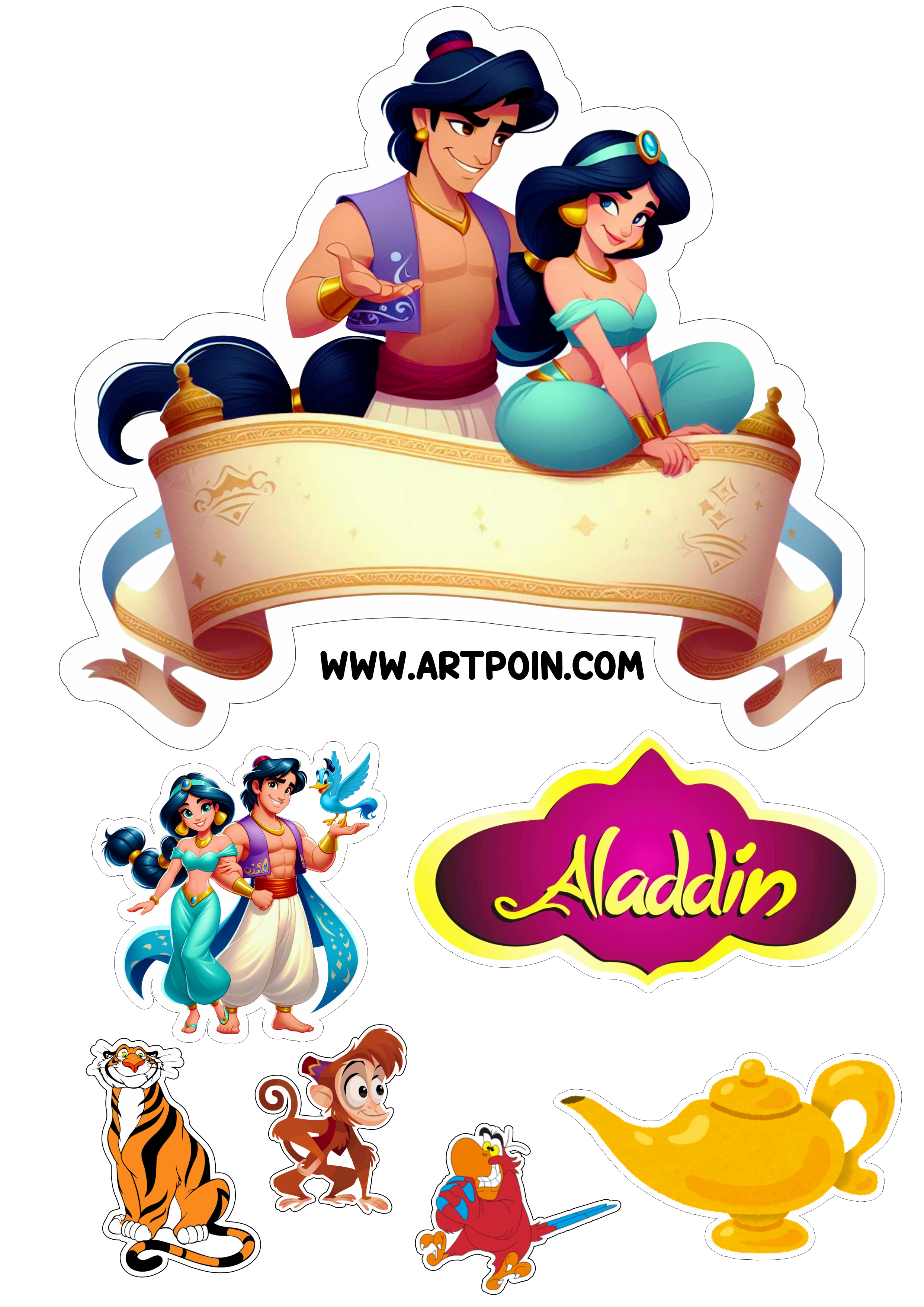 Aladdin e Jasmine decoração de aniversário topo de bolo para imprimir png