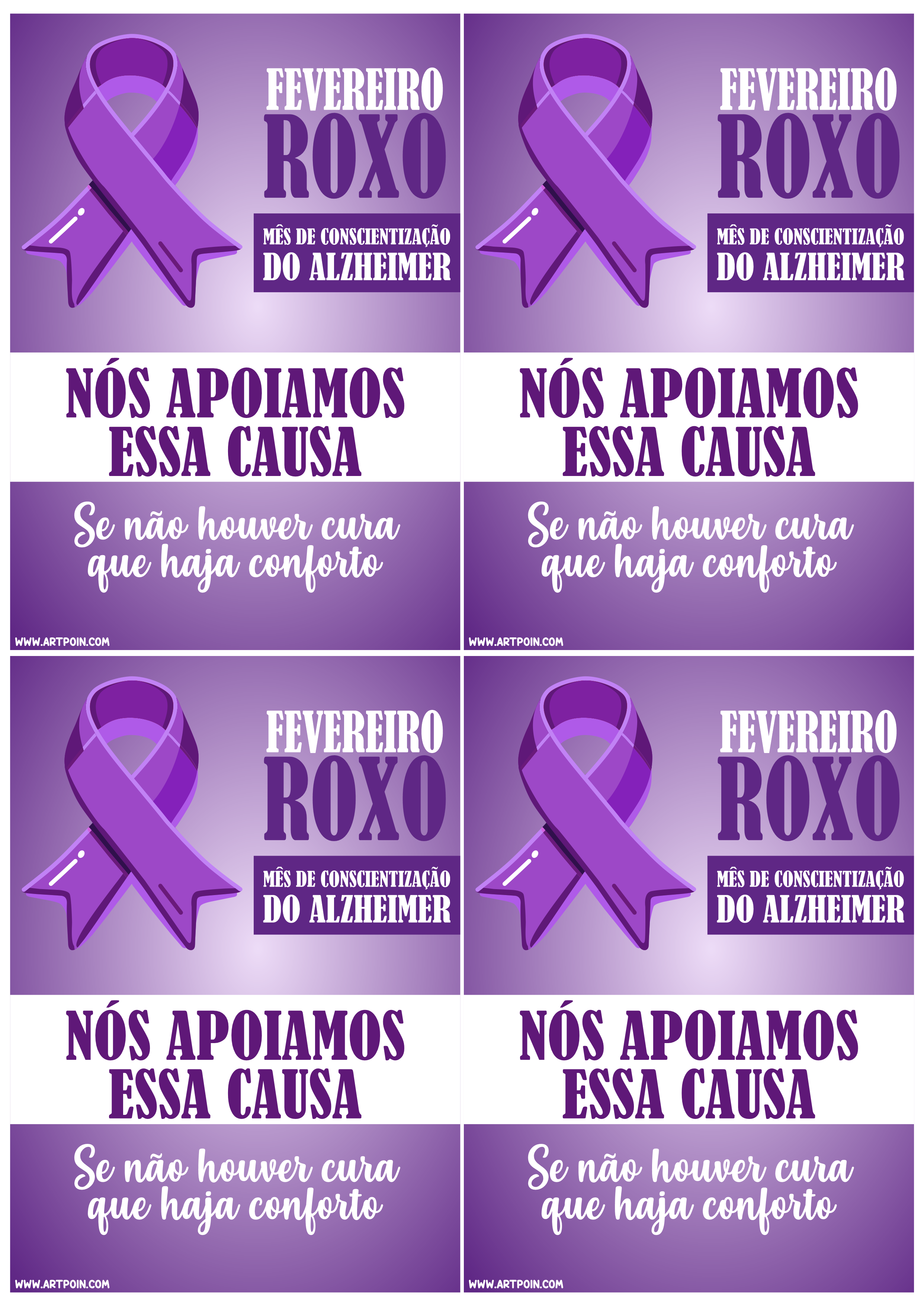 Fevereiro Roxo mês de conscientização do alzheimer panfleto de campanha da saúde para imprimir 4 imagens png