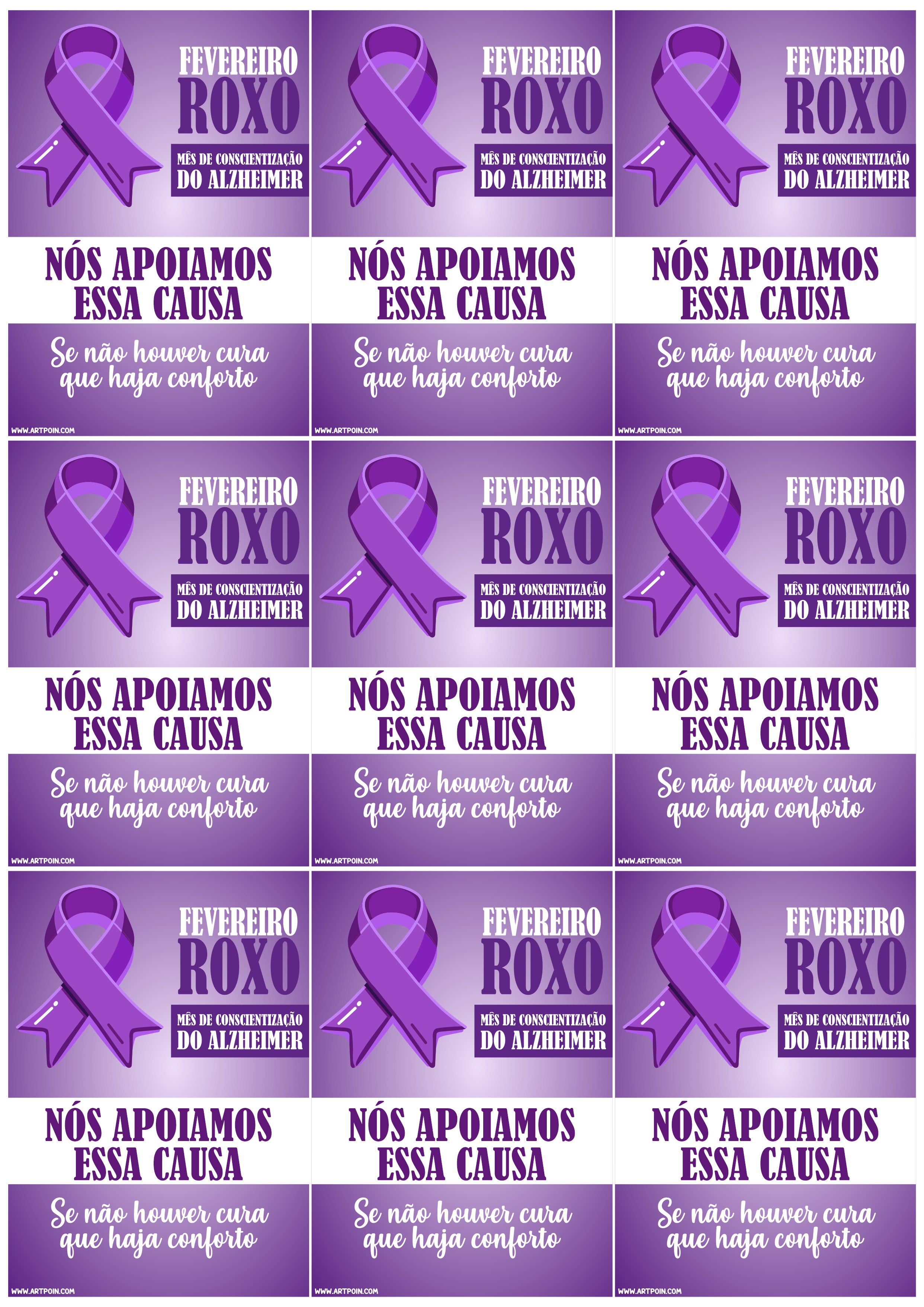 Fevereiro Roxo mês de conscientização do alzheimer panfleto de campanha da saúde para imprimir 9 imagens png