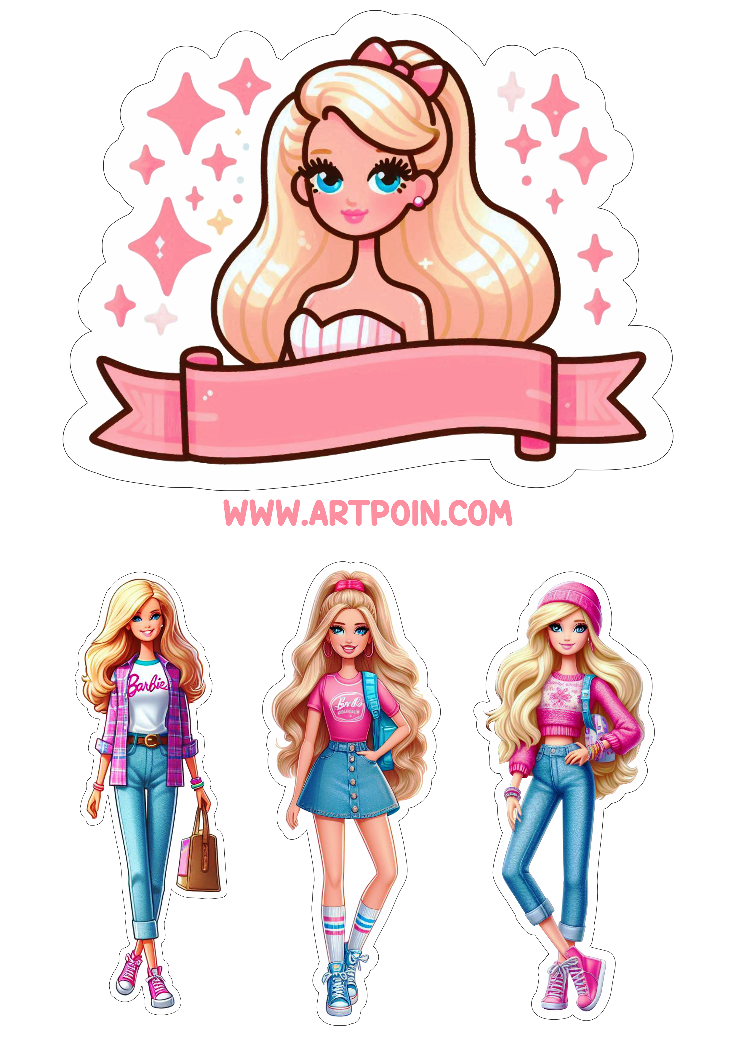 Topo de bolo para imprimir aniversário infantil de menina boneca Barbie decoração de festa para imprimir e decorar png