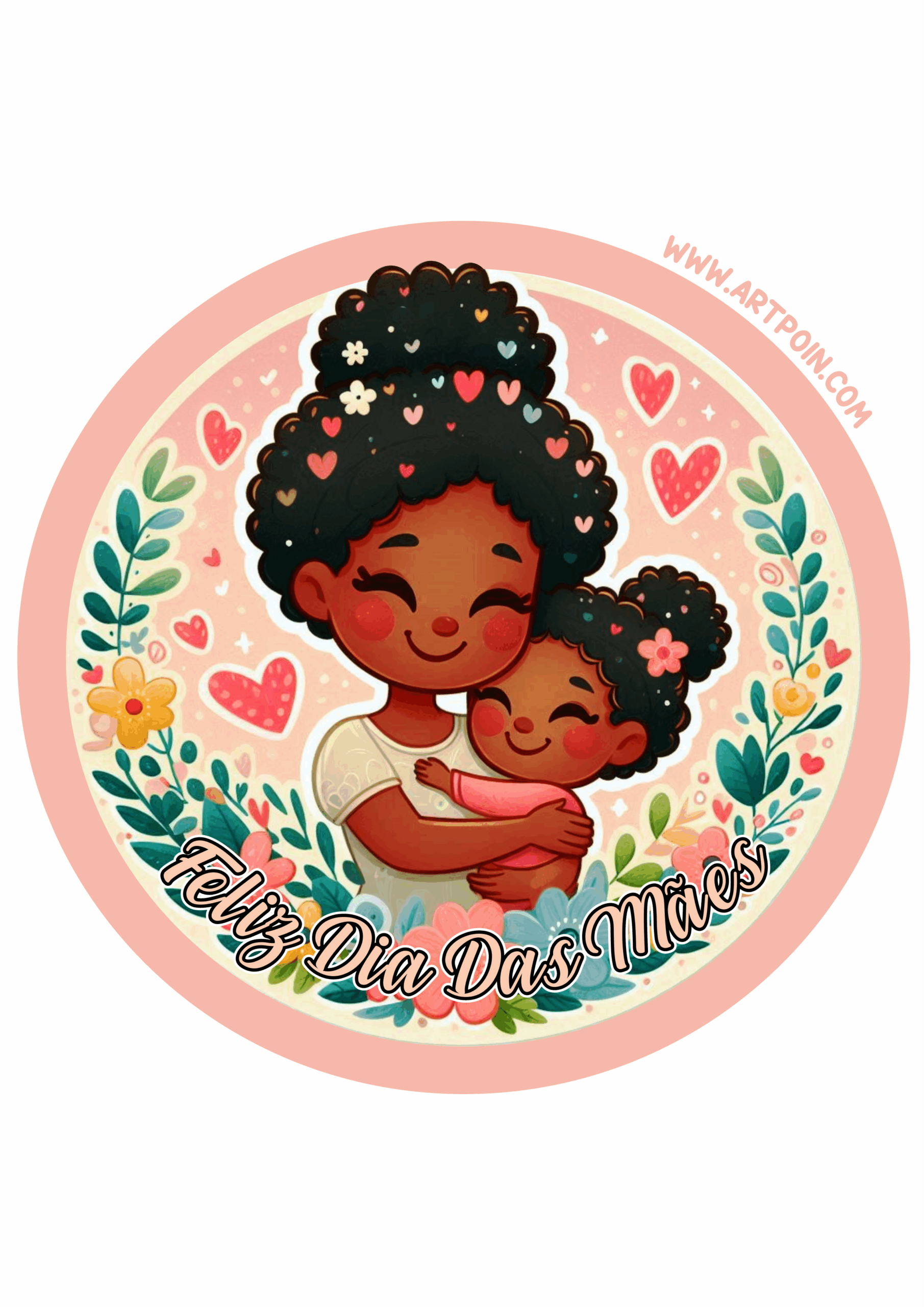 Feliz dia das mães adesivos redondo de decoração mãe e filha negra morena moreninha desenho fofinho png