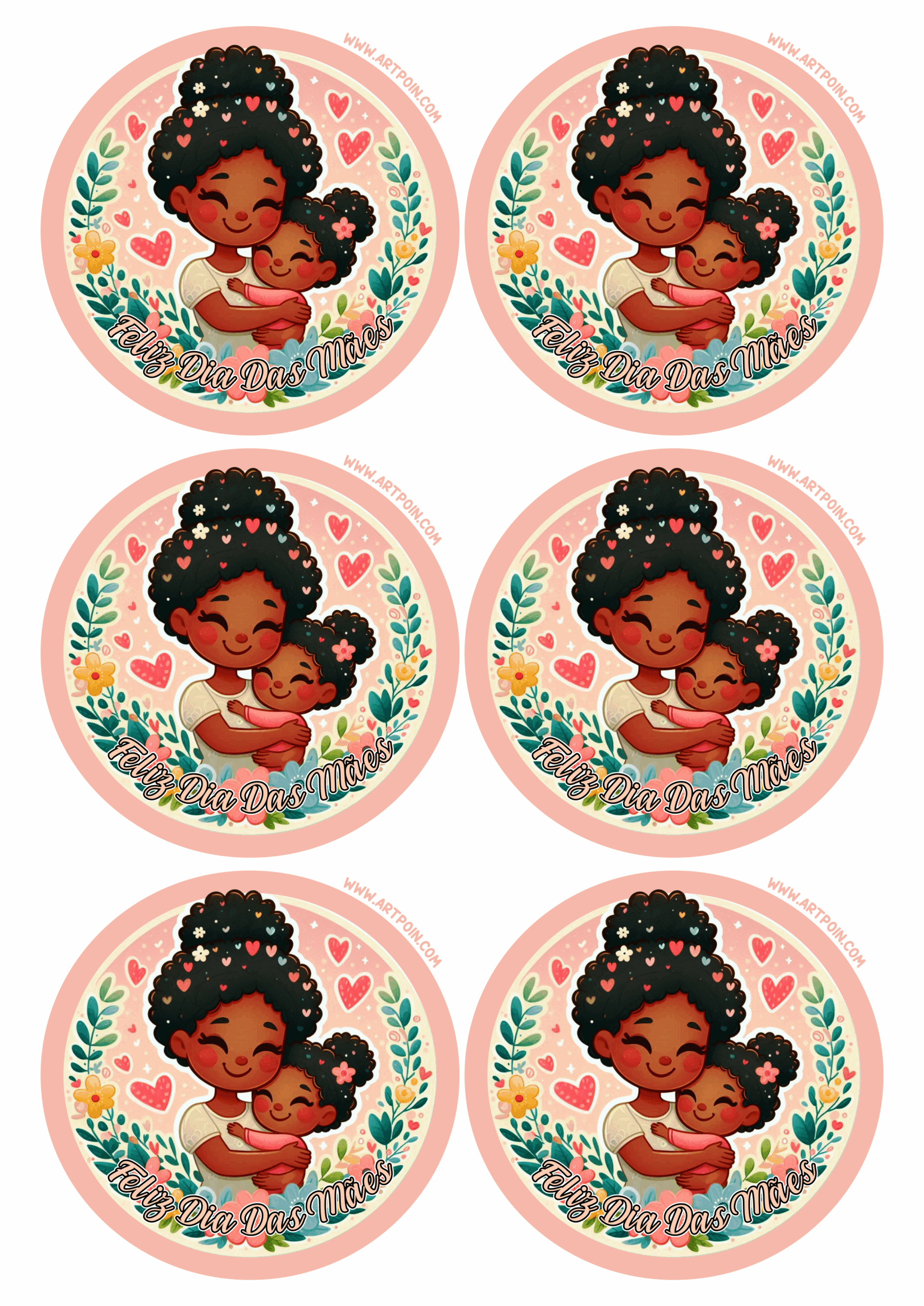 Feliz dia das mães adesivos redondo de decoração mãe e filha negra morena moreninha desenho fofinho 6 imagens png