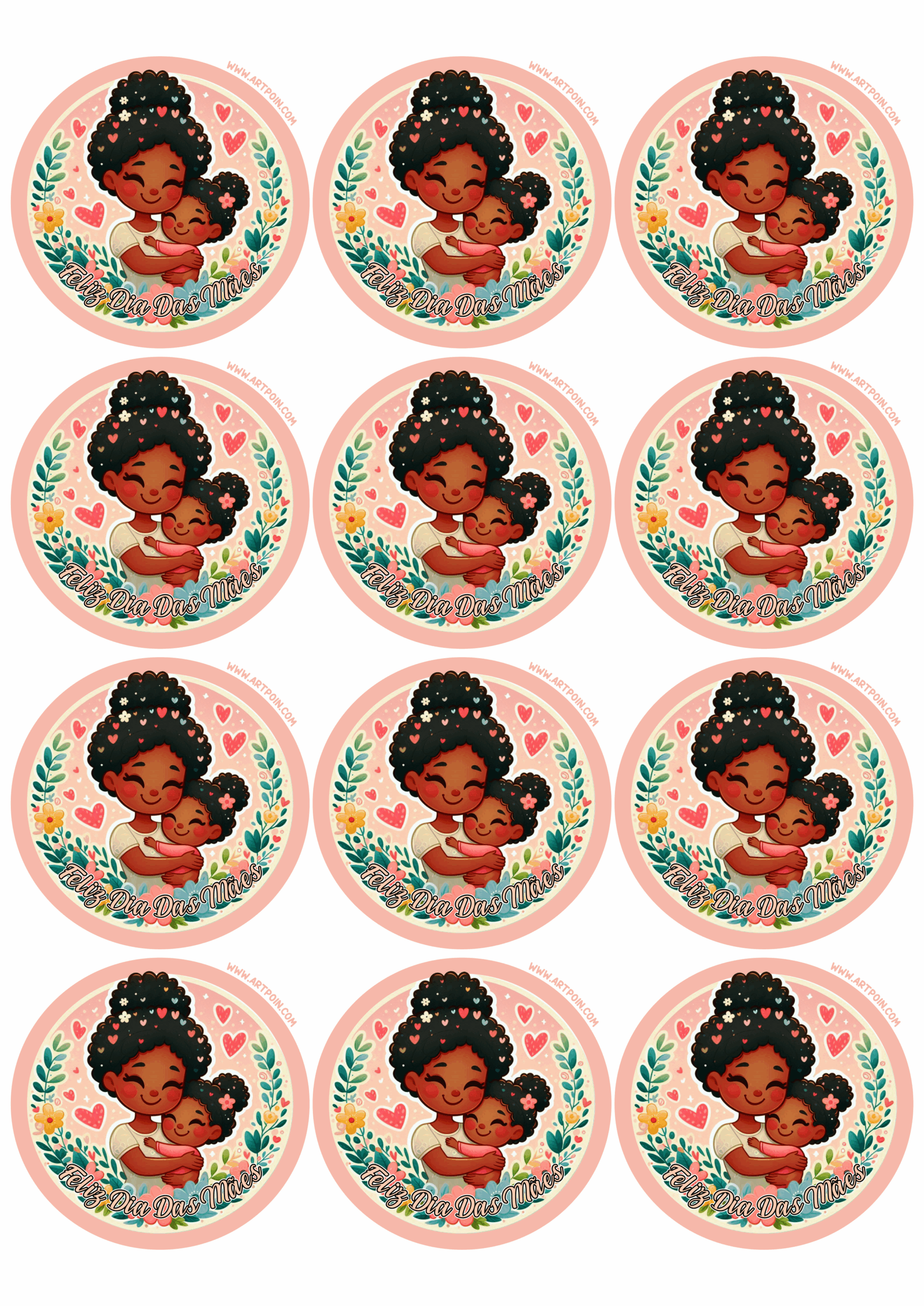 Feliz dia das mães adesivos redondo de decoração mãe e filha negra morena moreninha desenho fofinho 12 imagens png