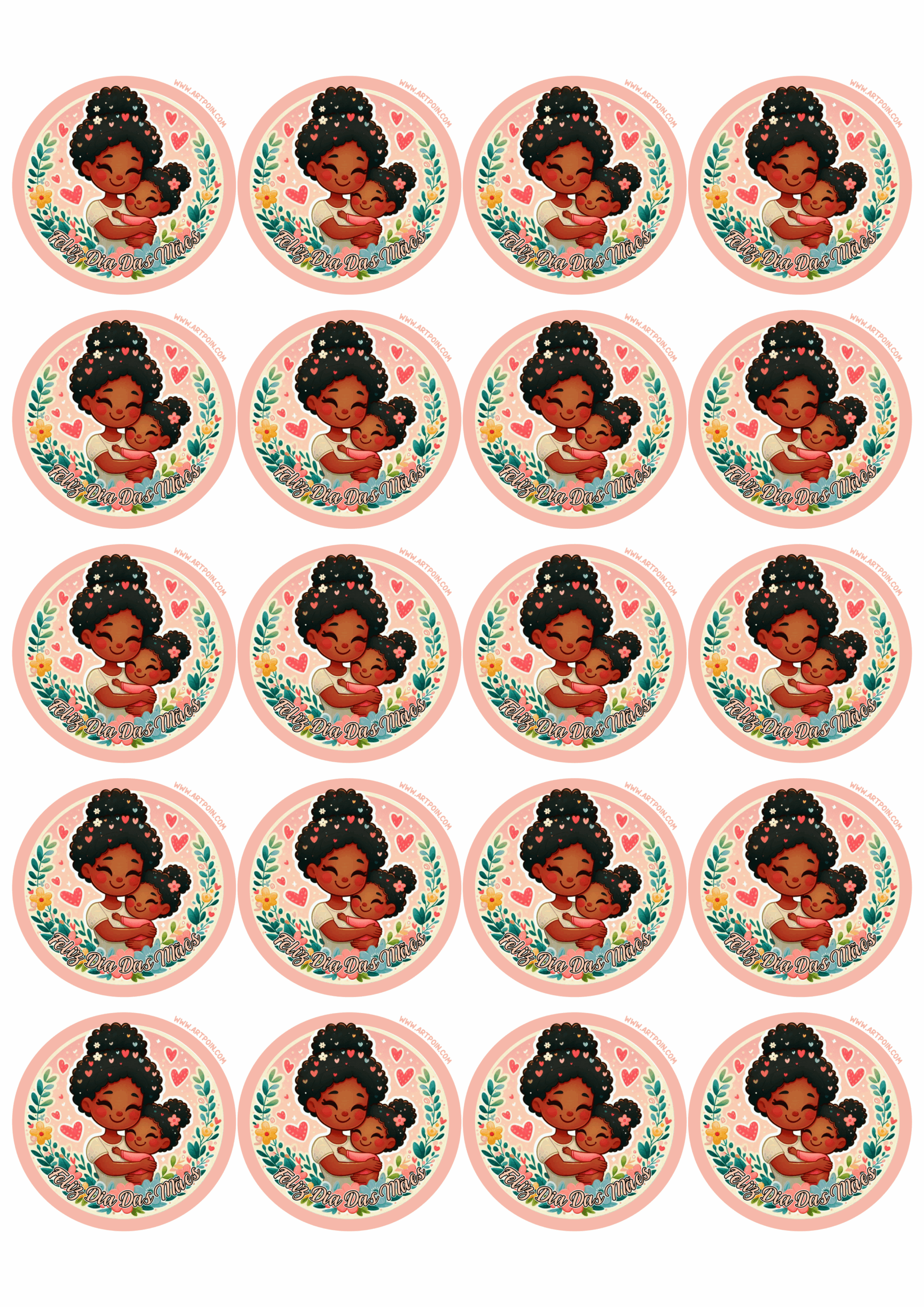 Feliz dia das mães adesivos redondo de decoração mãe e filha negra morena moreninha desenho fofinho 20 imagens png