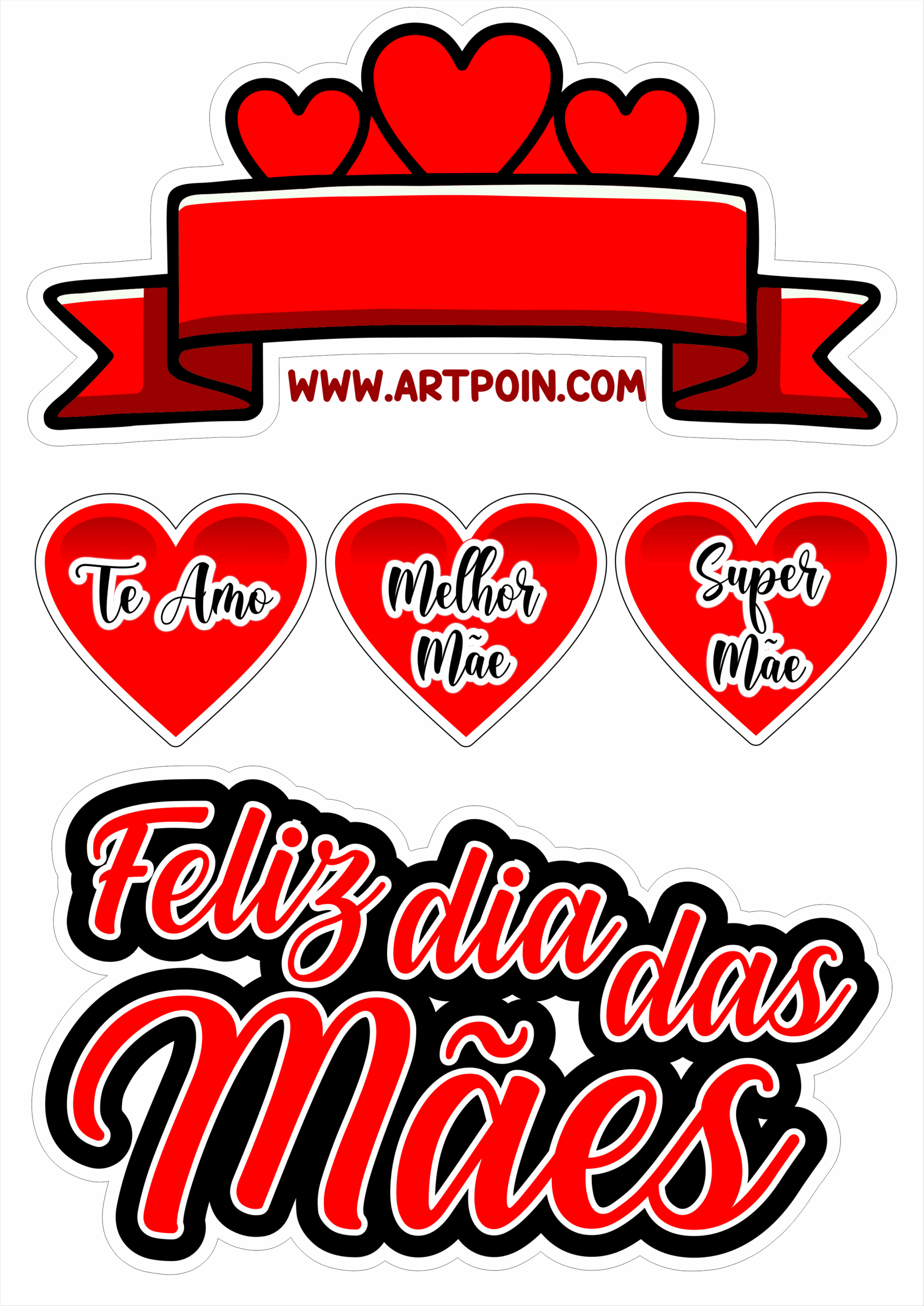 Dia das Mães topo de bolo vermelho com corações frases te amo melhor mãe super mãe png