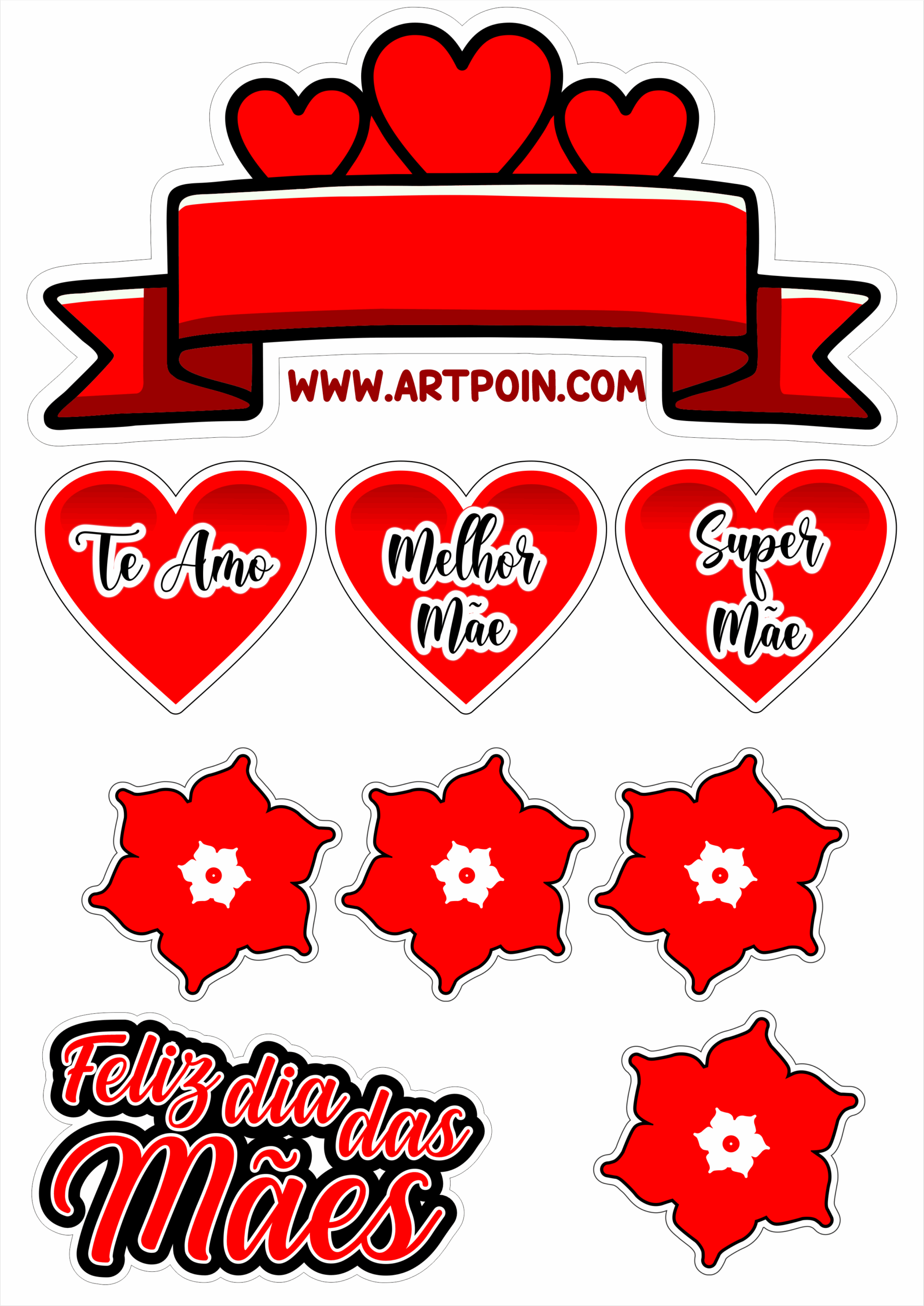 Dia das Mães topo de bolo vermelho com corações frases te amo melhor mãe super mãe flores png