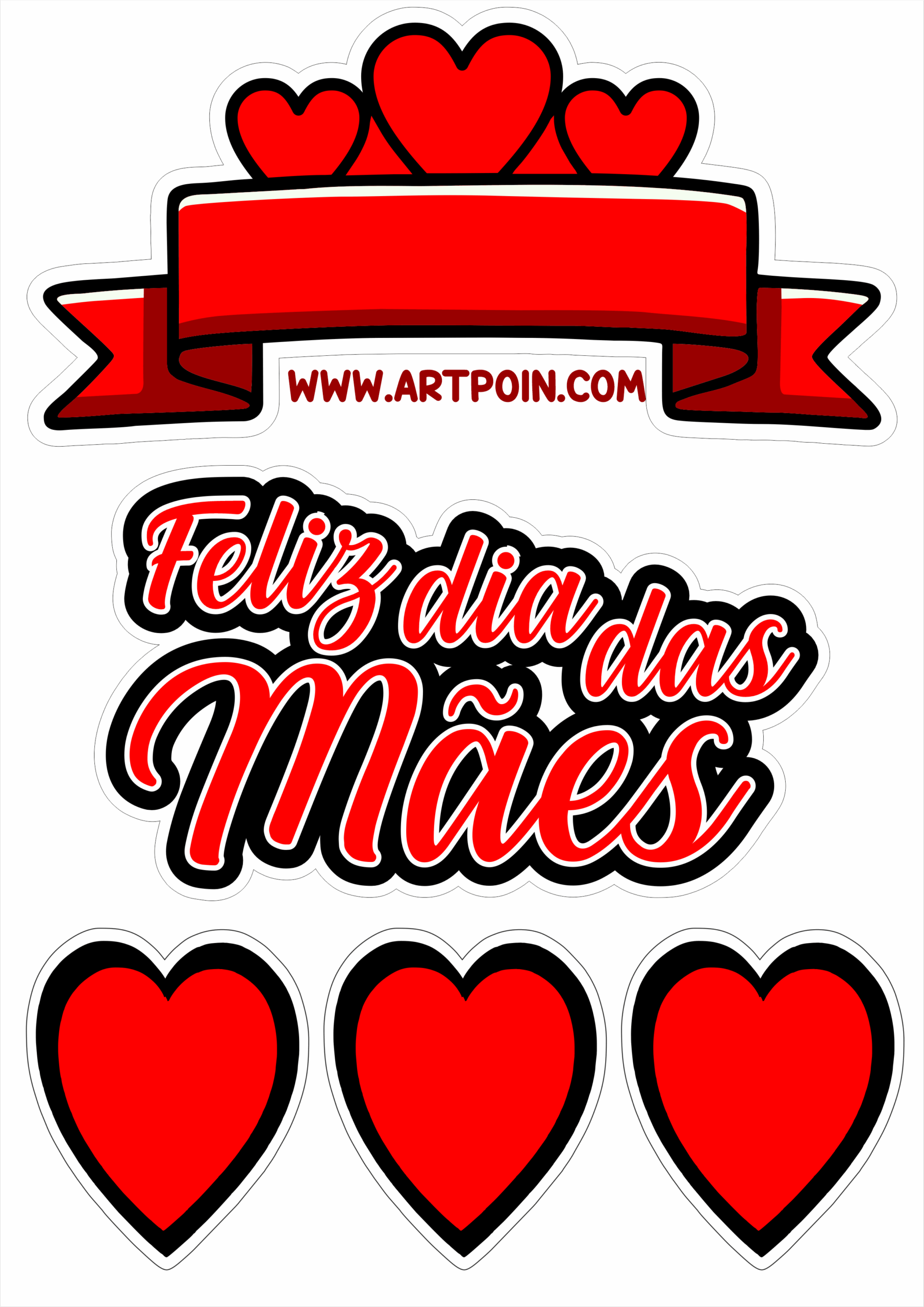 Dia das Mães topo de bolo vermelho com corações happy mother’s day papelaria criativa para imprimir png