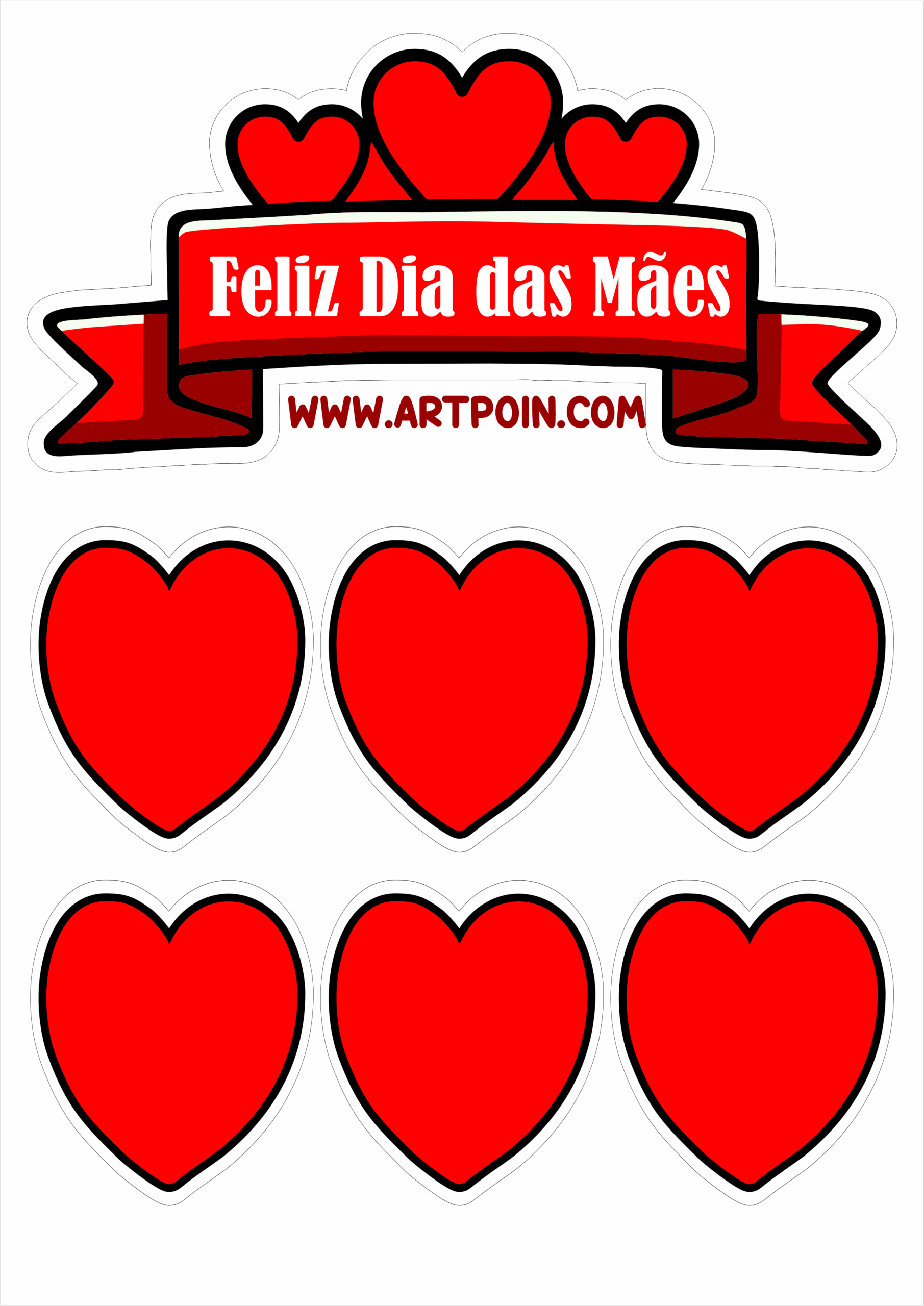 Dia das Mães topo de bolo vermelho com corações happy mother’s day papelaria criativa para imprimir download png