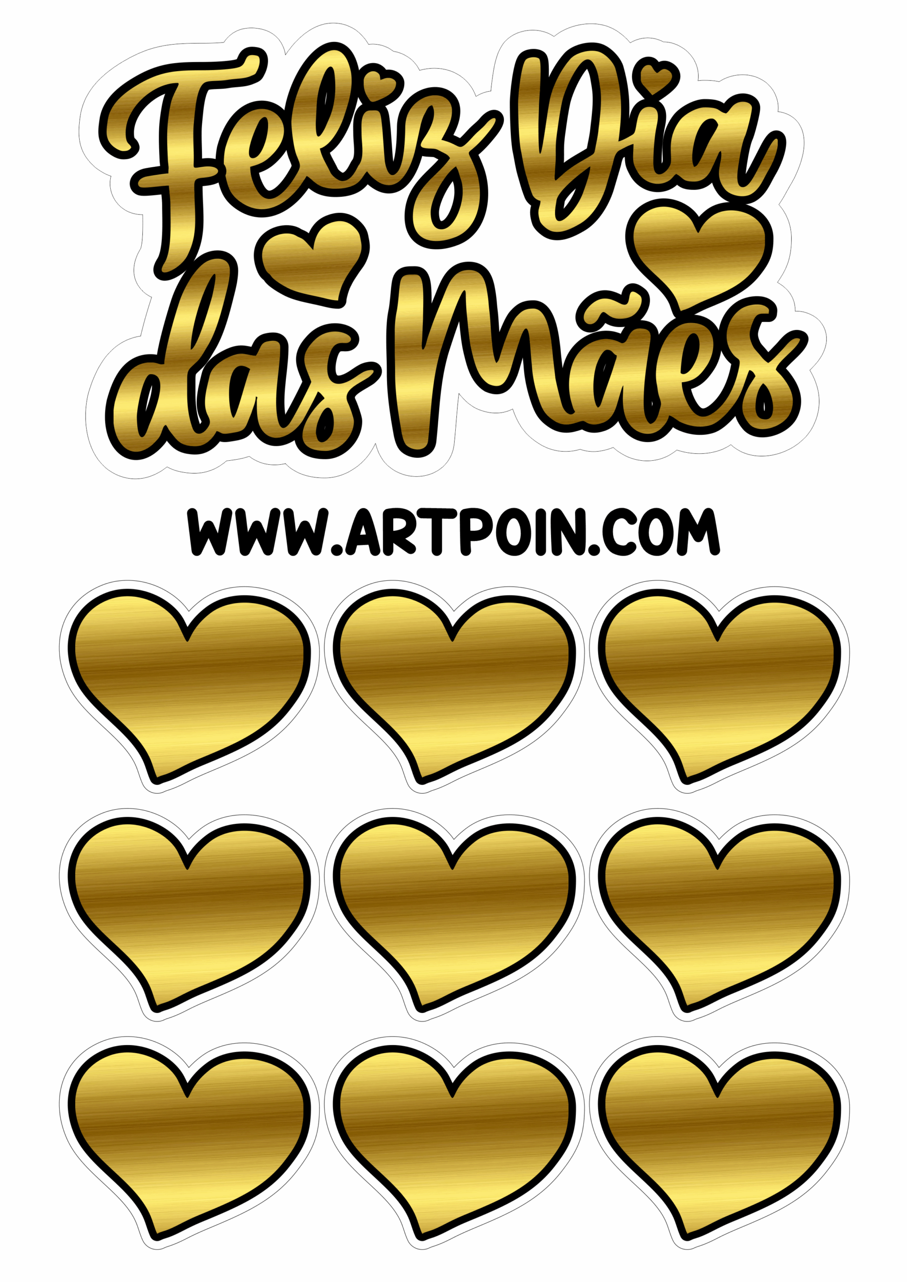 Feliz dia das mães topo de bolo com corações dourado contorno para recorte decoração personalizada data comemorativa png