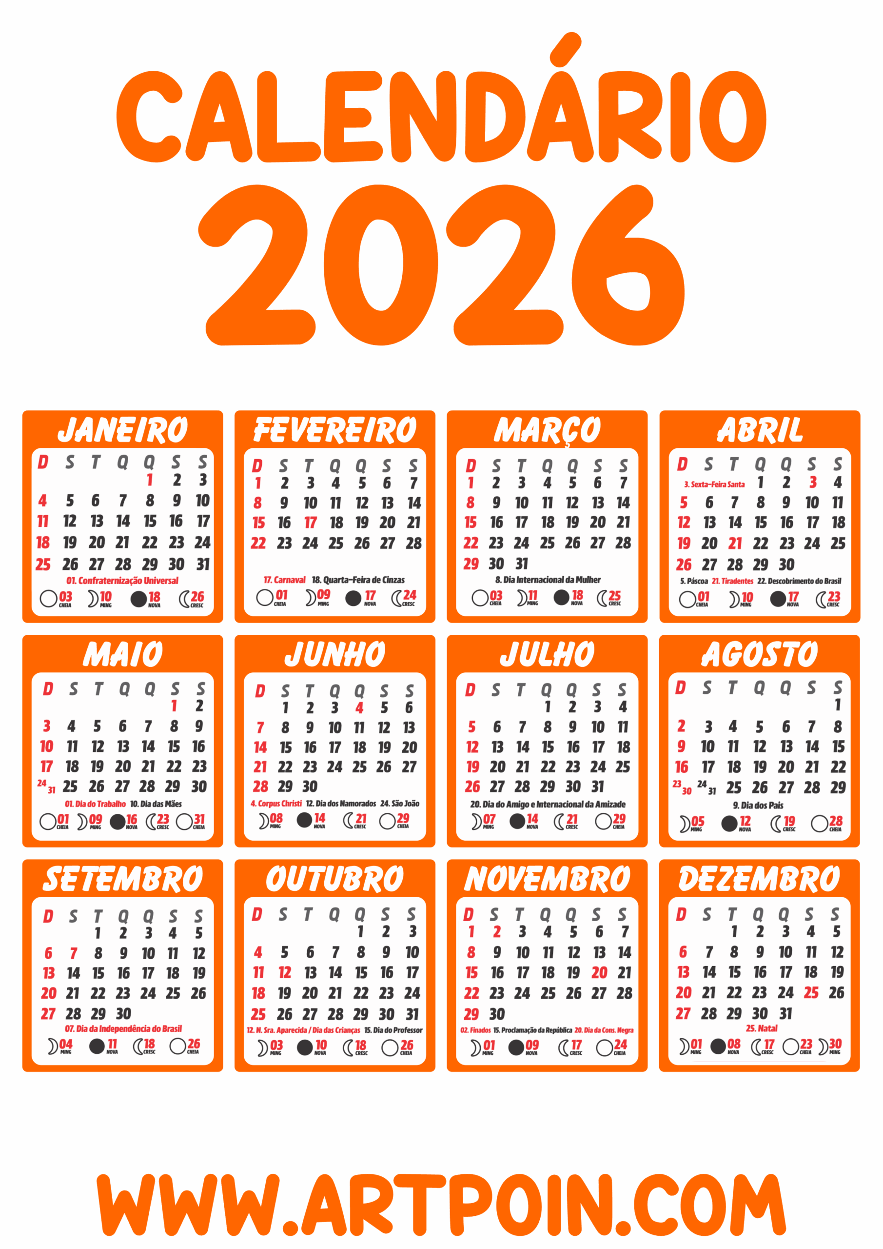 Calendário 2026 edições gráficas laranja png