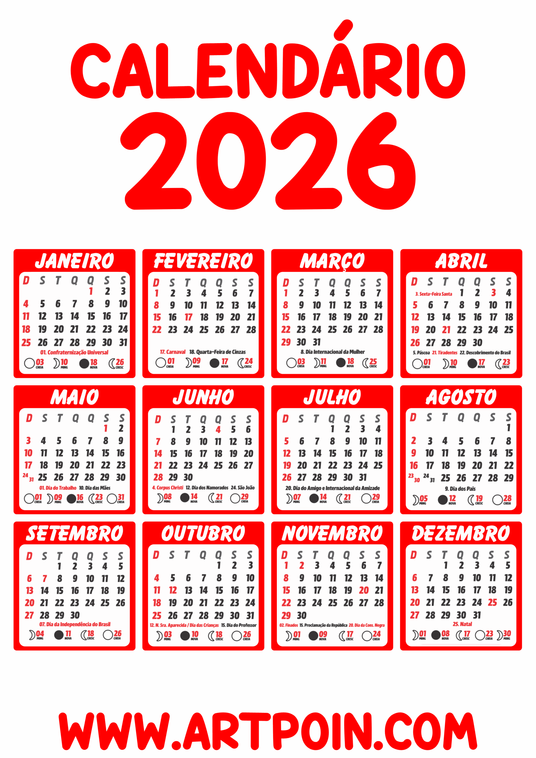Calendário 2026 edições gráficas vermelho png