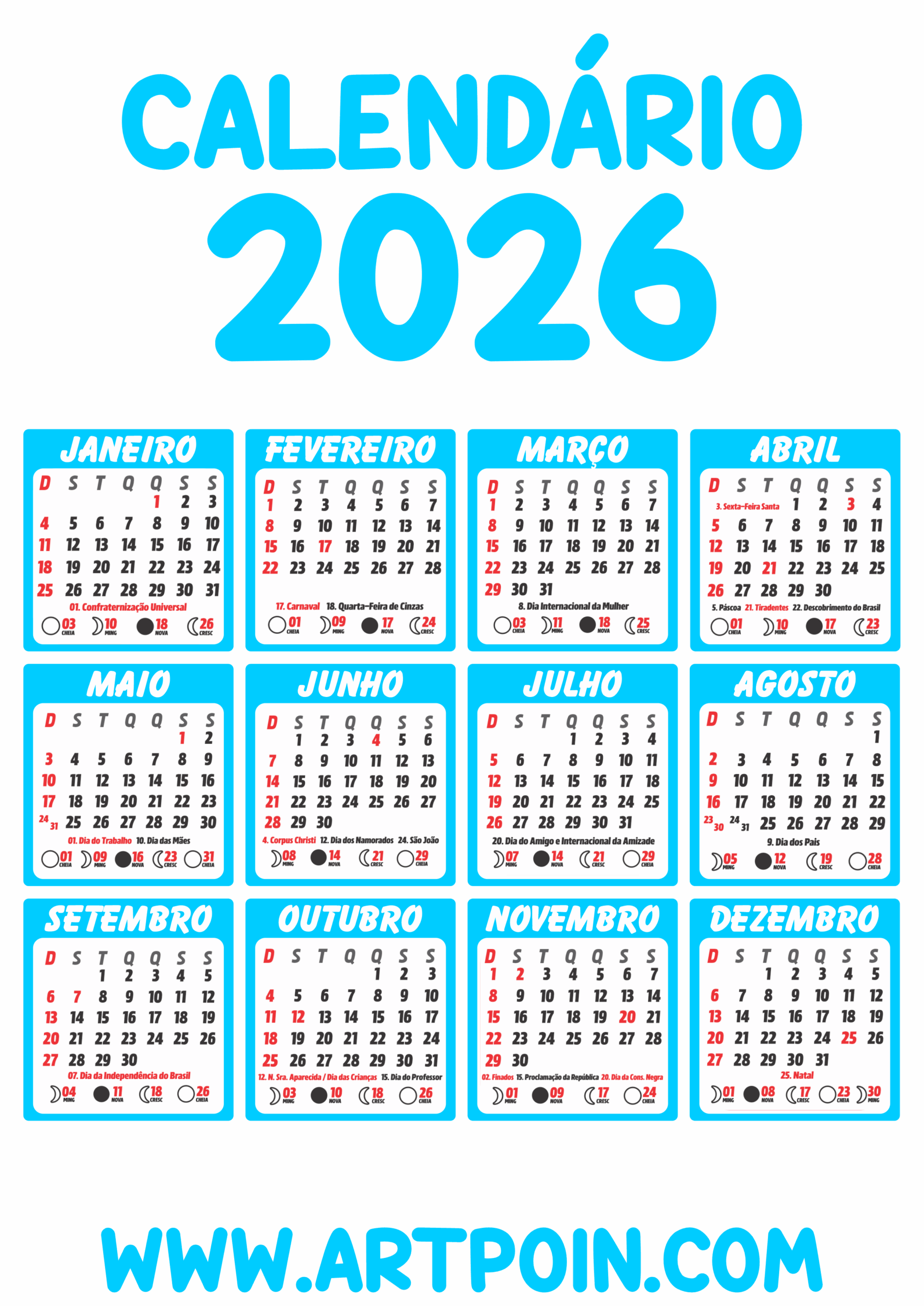 Calendário 2026 edições gráficas azul png