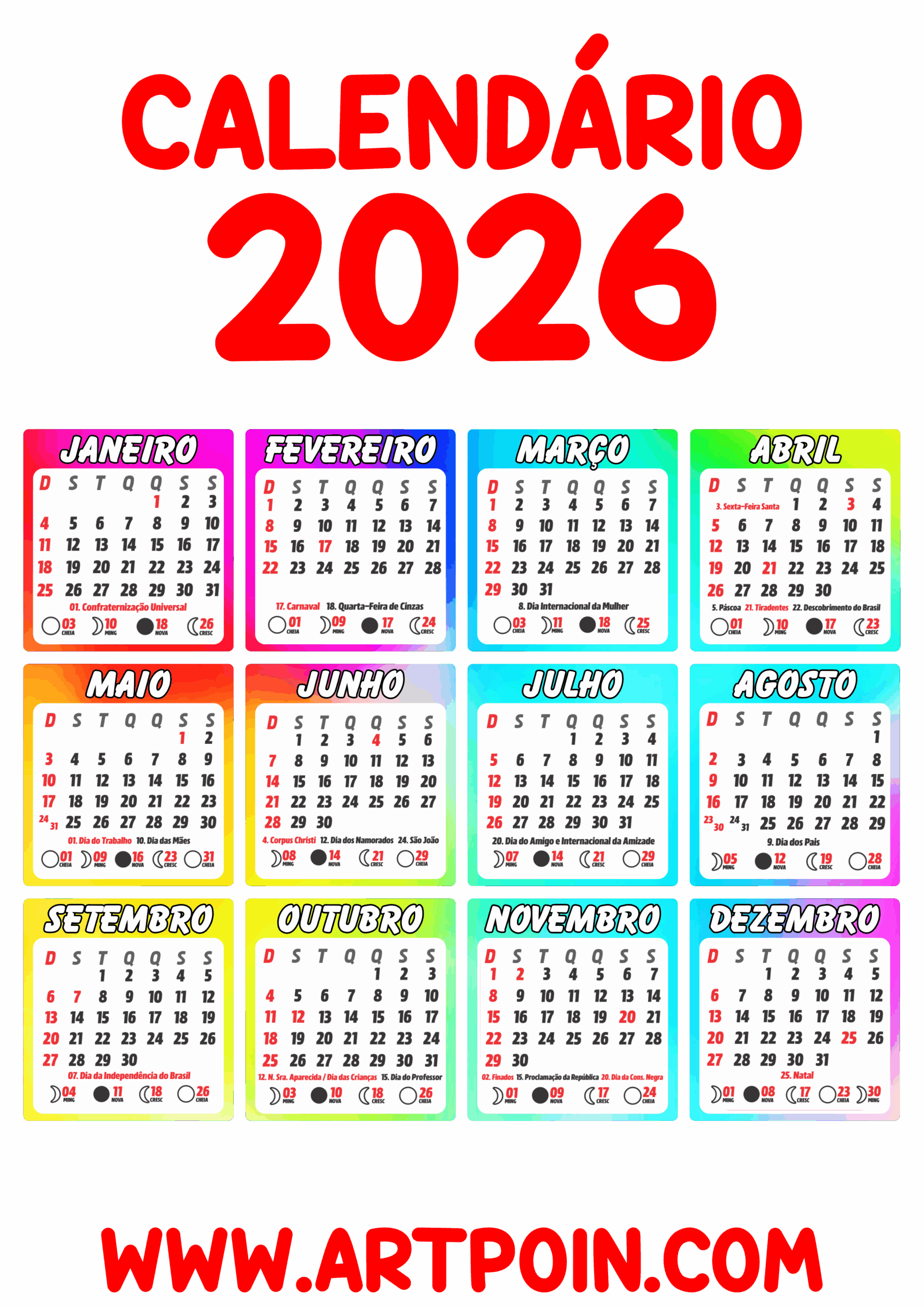 Calendário 2026 edições gráficas vermelho png