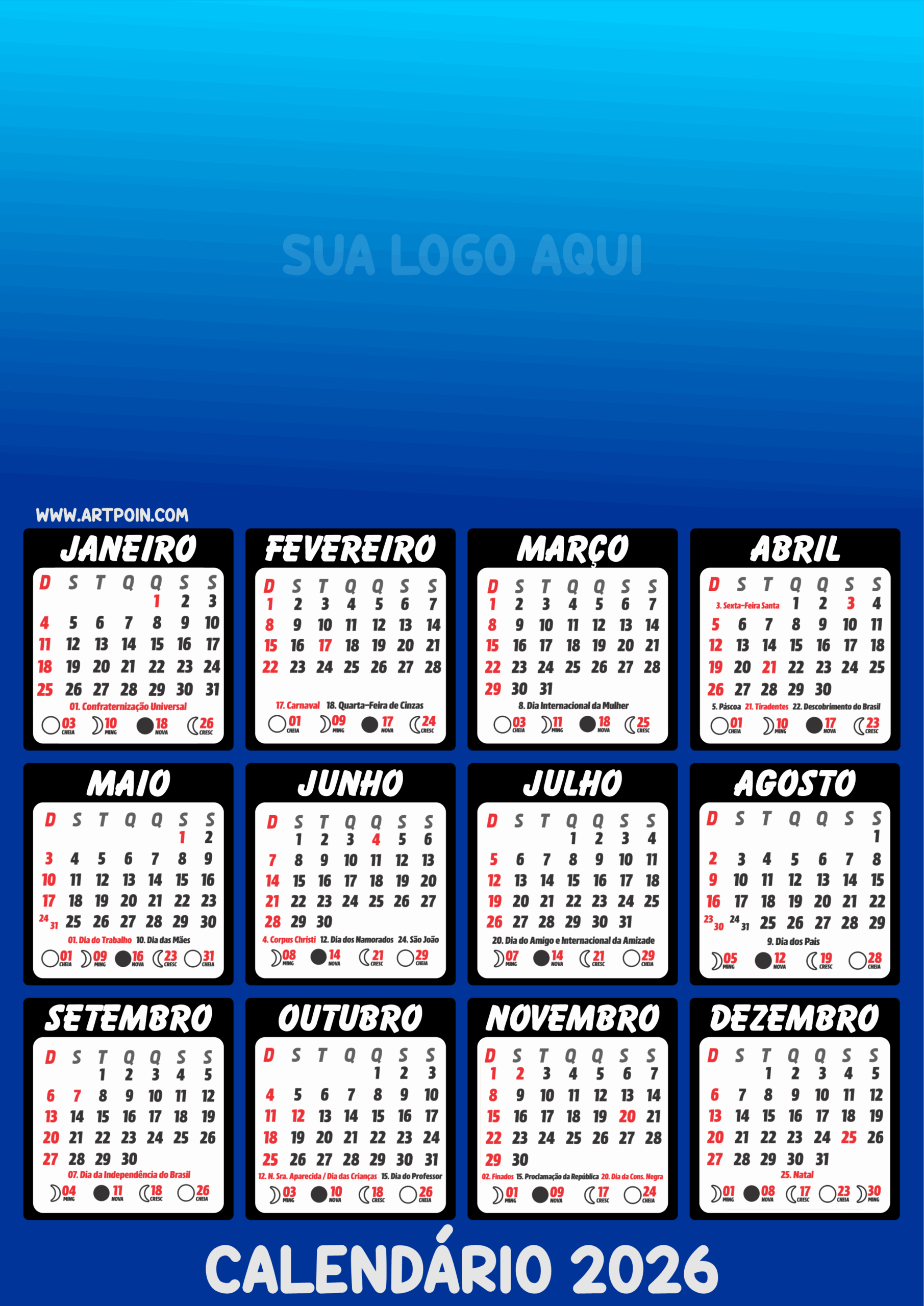 Calendário 2026 azul e preto pronto para personalização de lojas e comércios png