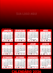 calendário 2026 para personalização vermelho e preto