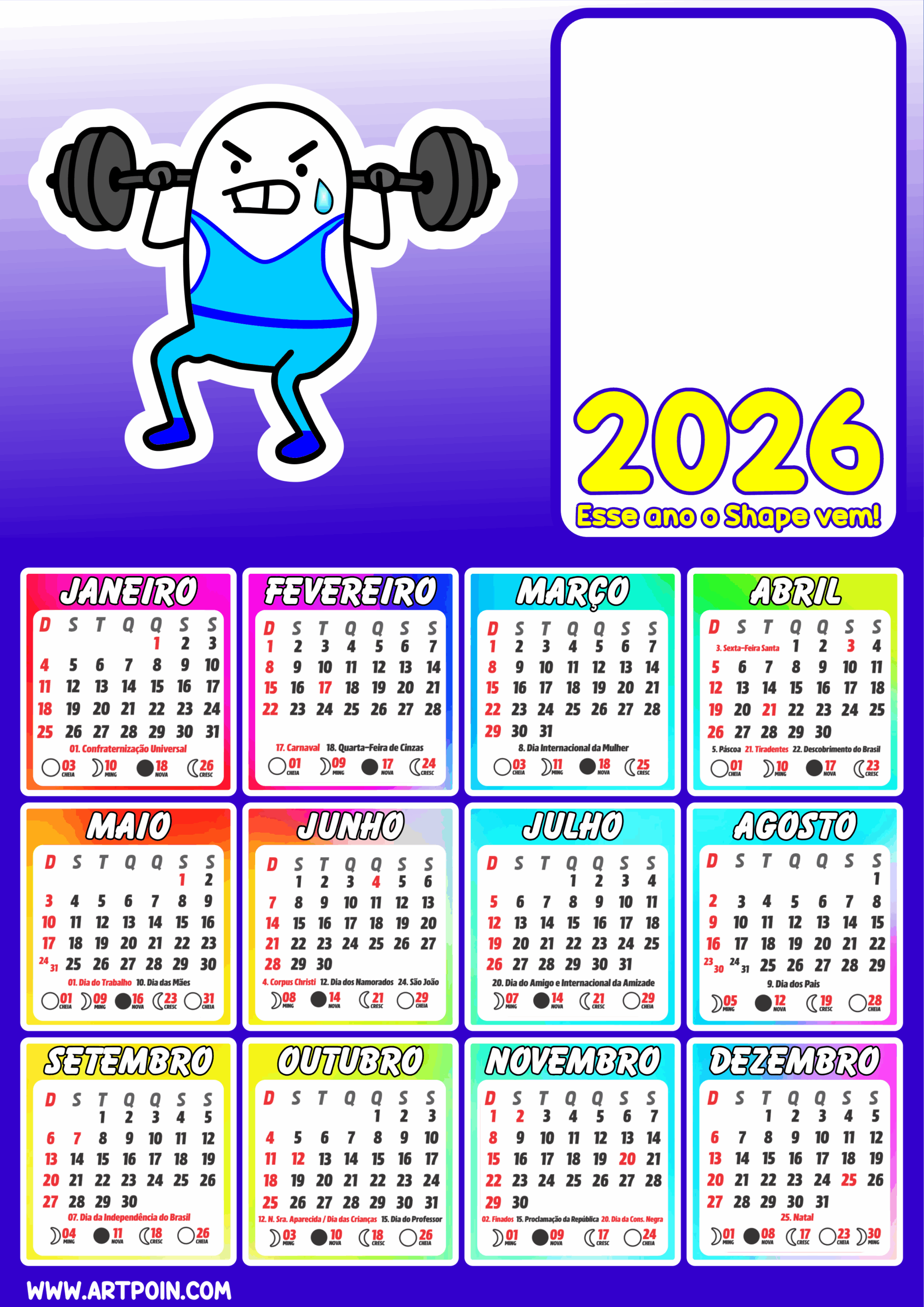 Calendário personalizado 2026 pronto para colocar a foto e imprimir esse ano o shape vem musculação flork of cows meme png