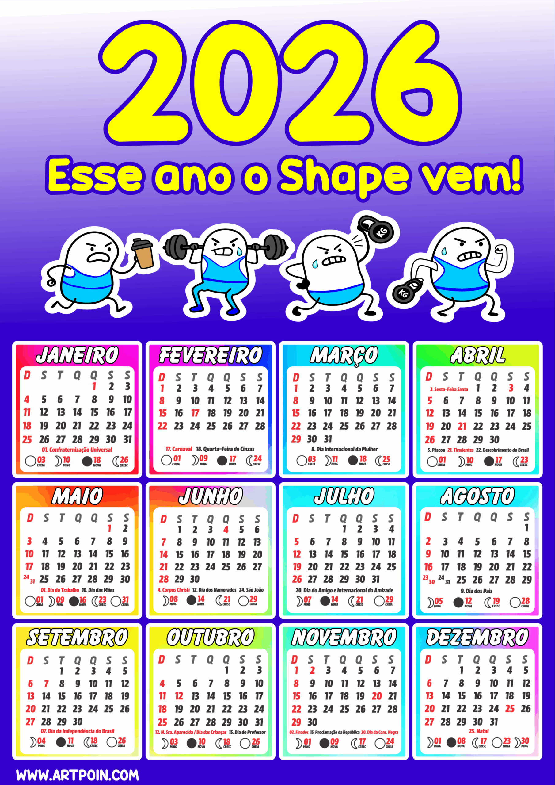 Calendário personalizado 2026 pronto para colocar e imprimir esse ano o shape vem musculação flork of cows meme engraçado e divertido png
