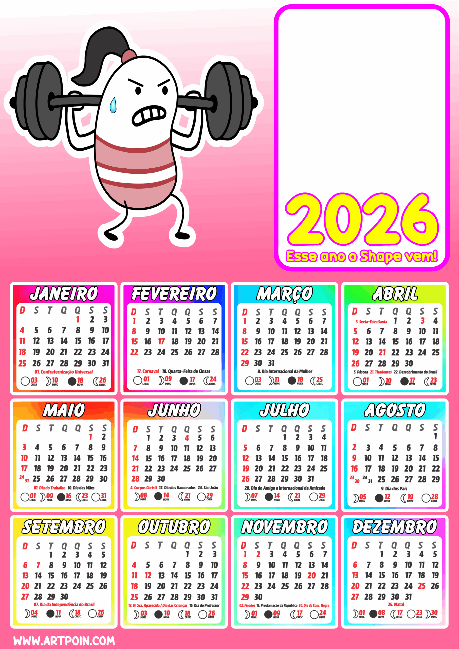 Calendário personalizado 2026 rosa pronto para colocar a foto e imprimir esse ano o shape vem musculação flork of cows png