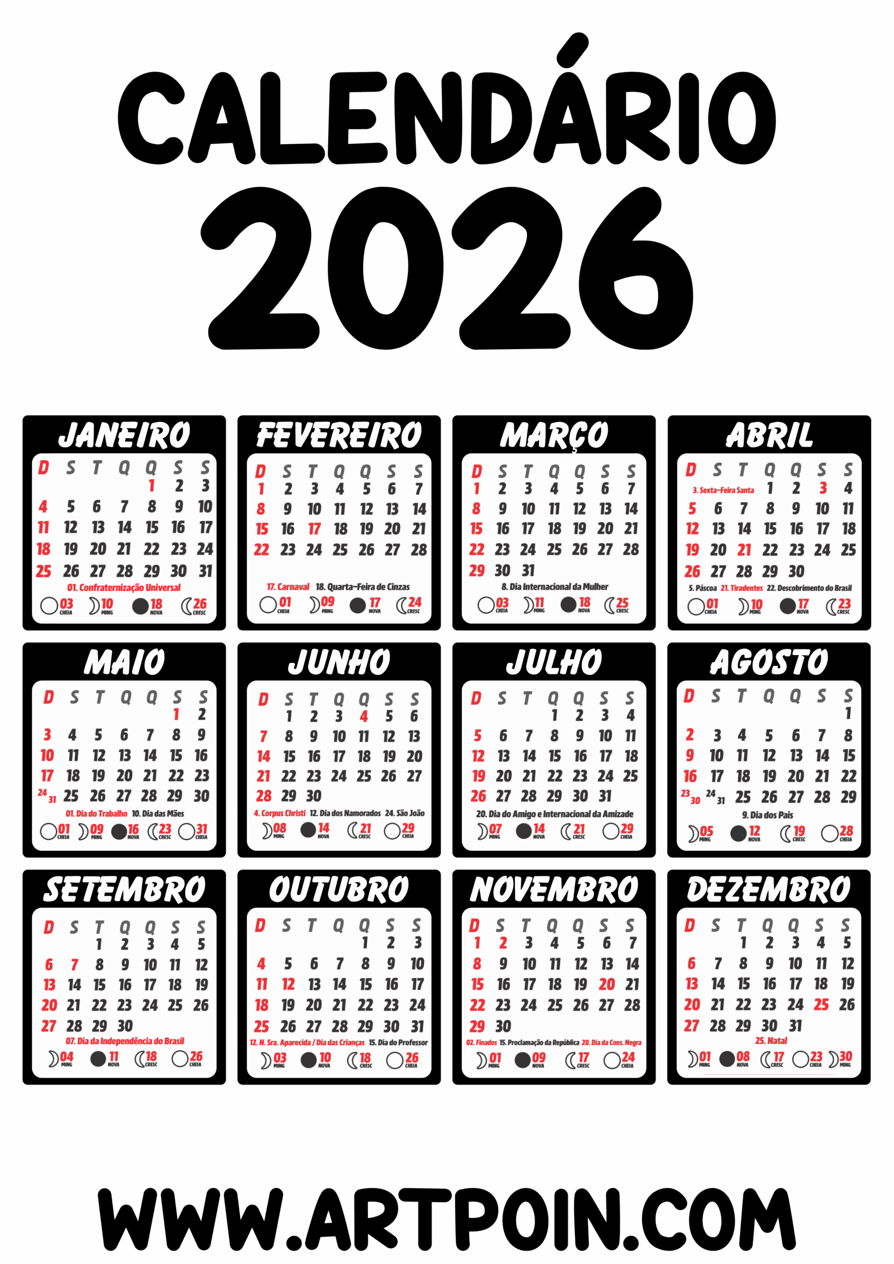 Calendário 2026 edições gráficas preto png