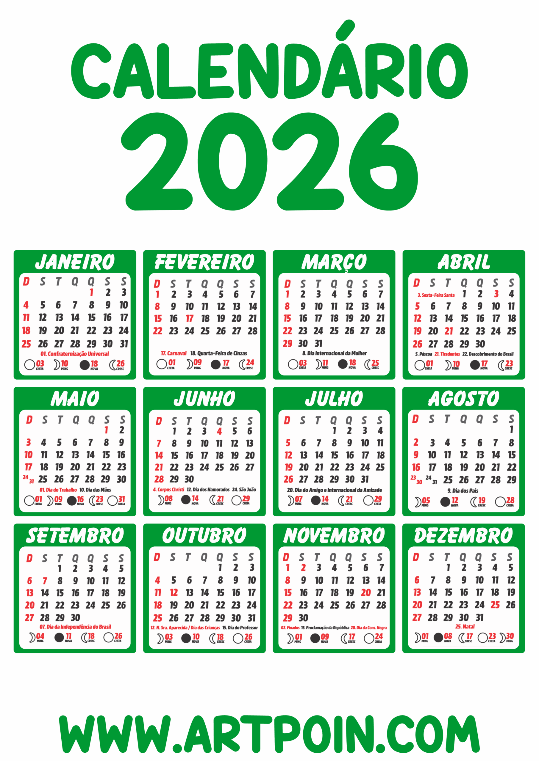 Calendário 2026 edições gráficas verde png