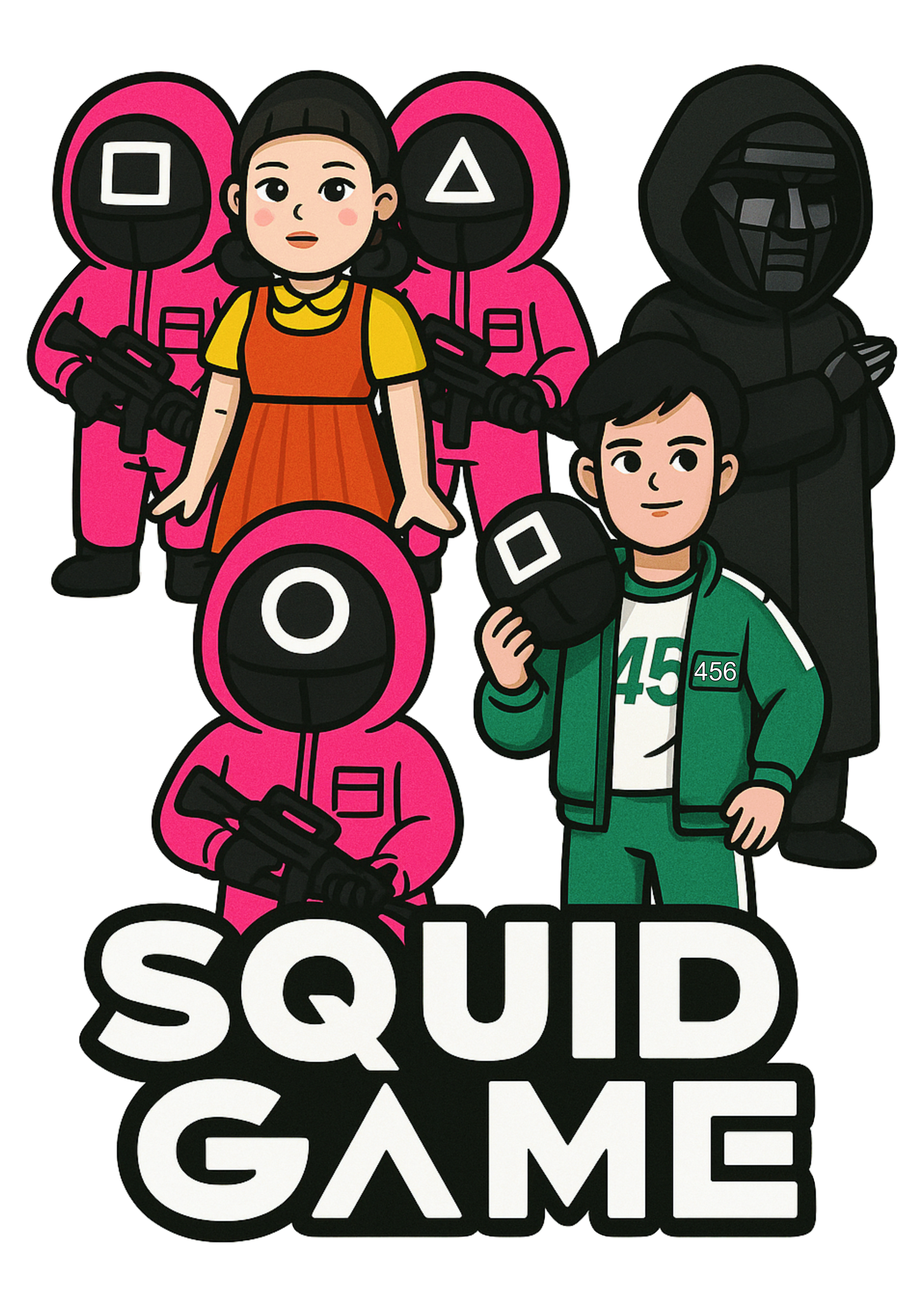 Squid Game pink soldiers player 456 and vilain netflix series t-shirt print transparente background png