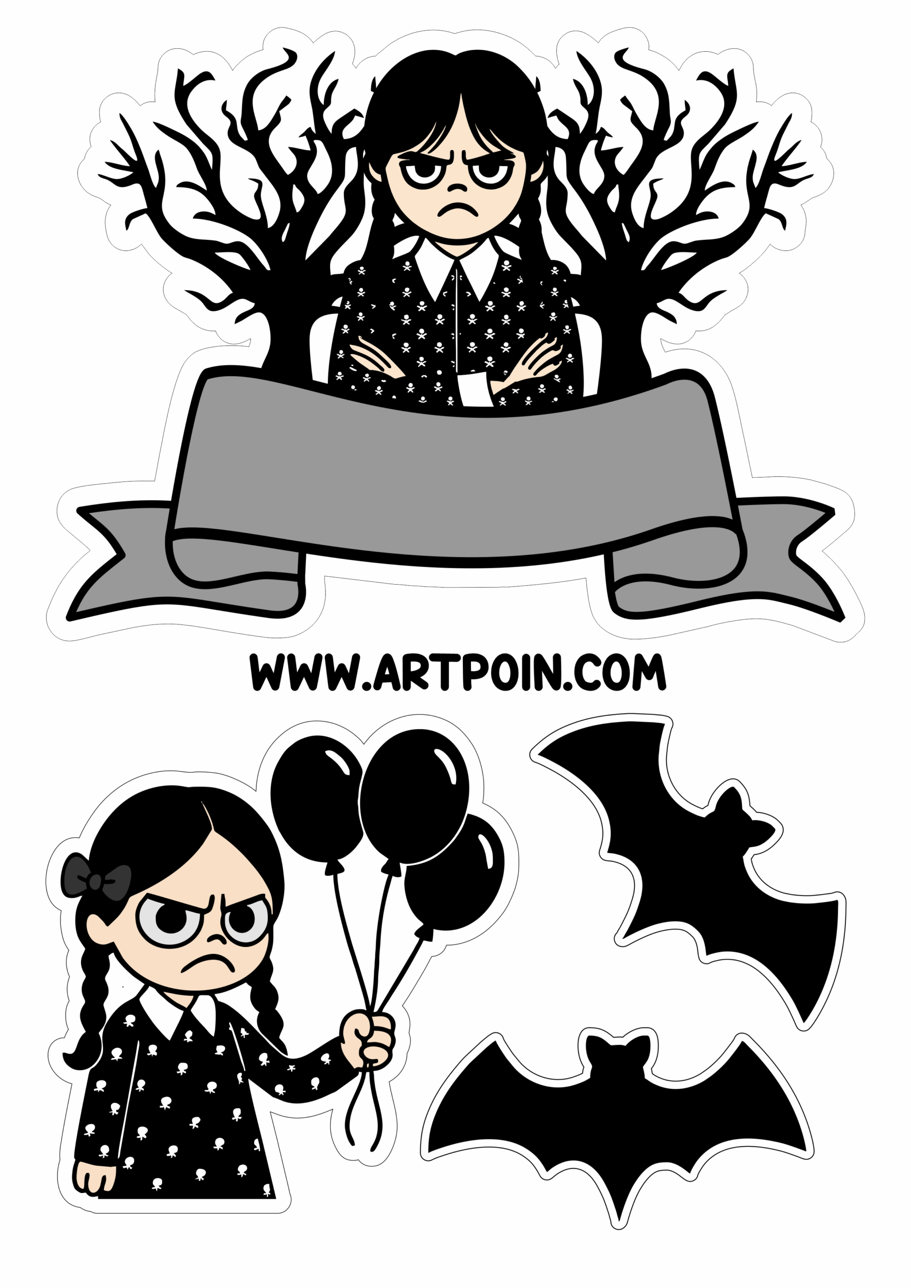 Cake topper Wednesday cartoon netflix series Addams Family character outline decoration party girl png