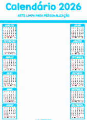 calendário 2026 arte pronto para personalizar e imprimir azul