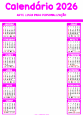 calendário 2026 arte pronto para personalizar e imprimir rosa