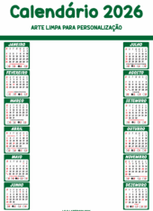 calendário 2026 arte pronto para personalizar e imprimir verde