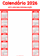 calendário 2026 arte pronto para personalizar e imprimir vermelho