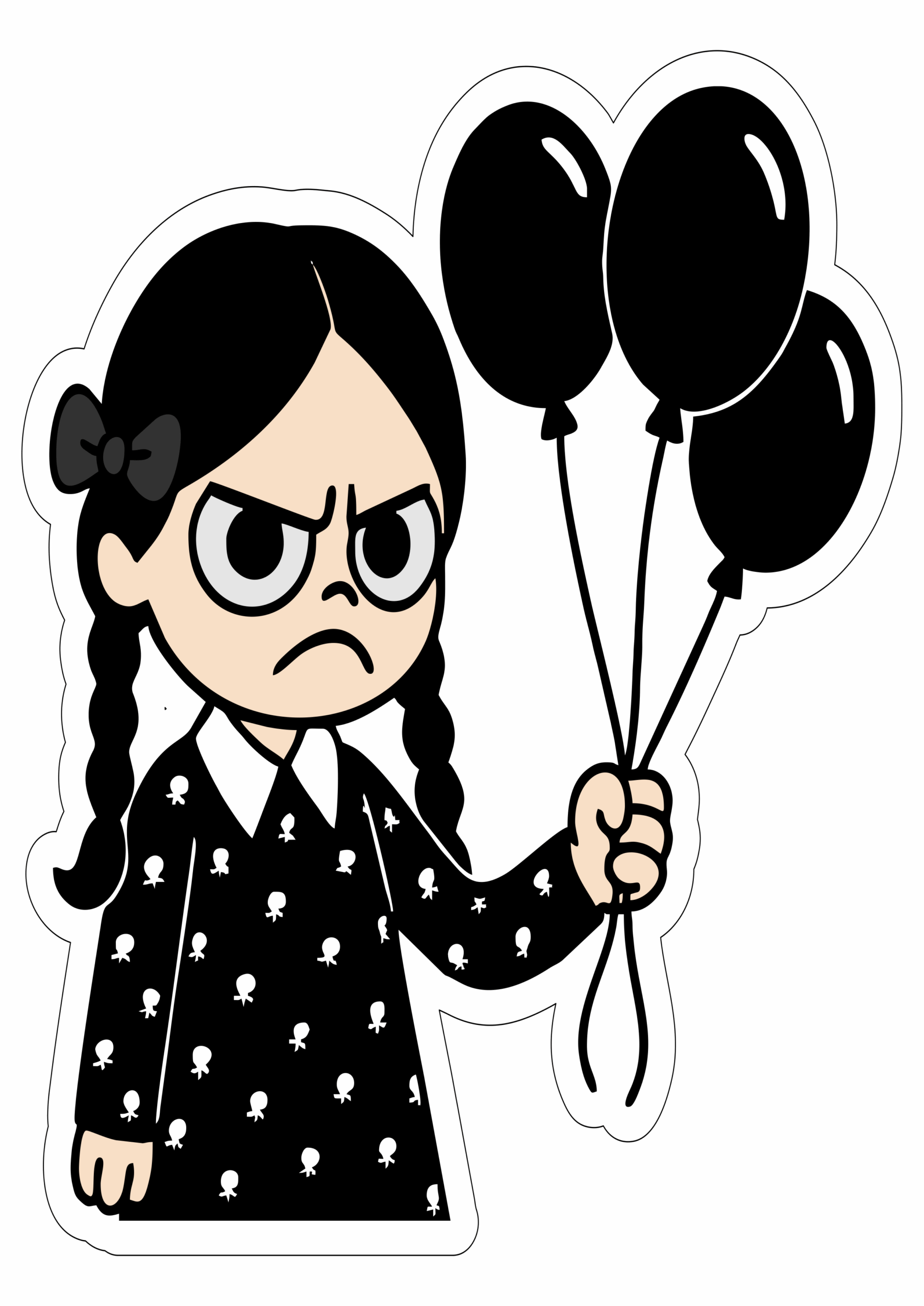 Wednesday cartoon netflix series Addams Family character transparent background outline image angry girl holding balloons free clipart png