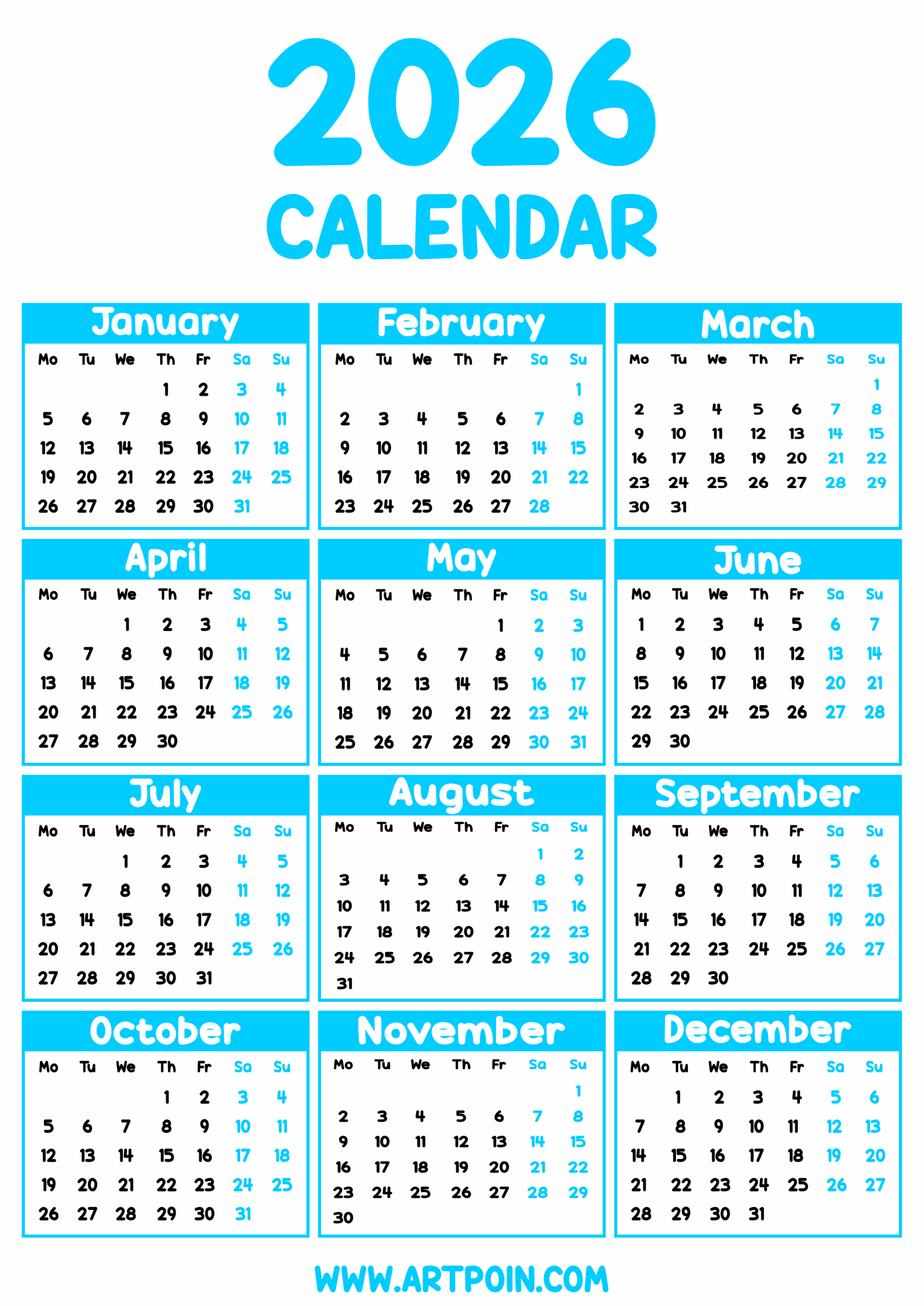 2026 calendar printable blue png