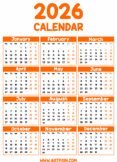 2026 calendar orange